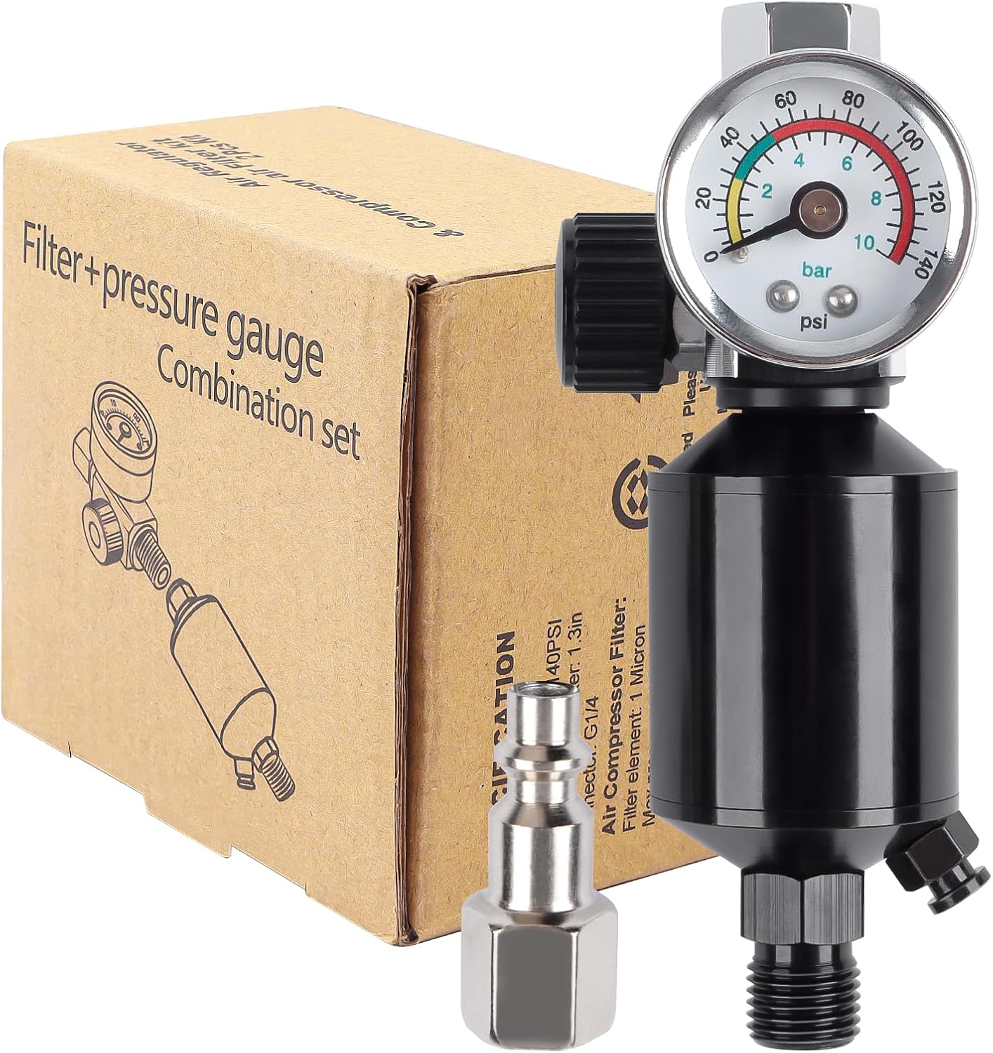 YUZES 1/4" NPT Air Compressor with Filter Regulator, Drain Valve and Gauge for Paint Spary Gun (Maximum pressure 140psi)
