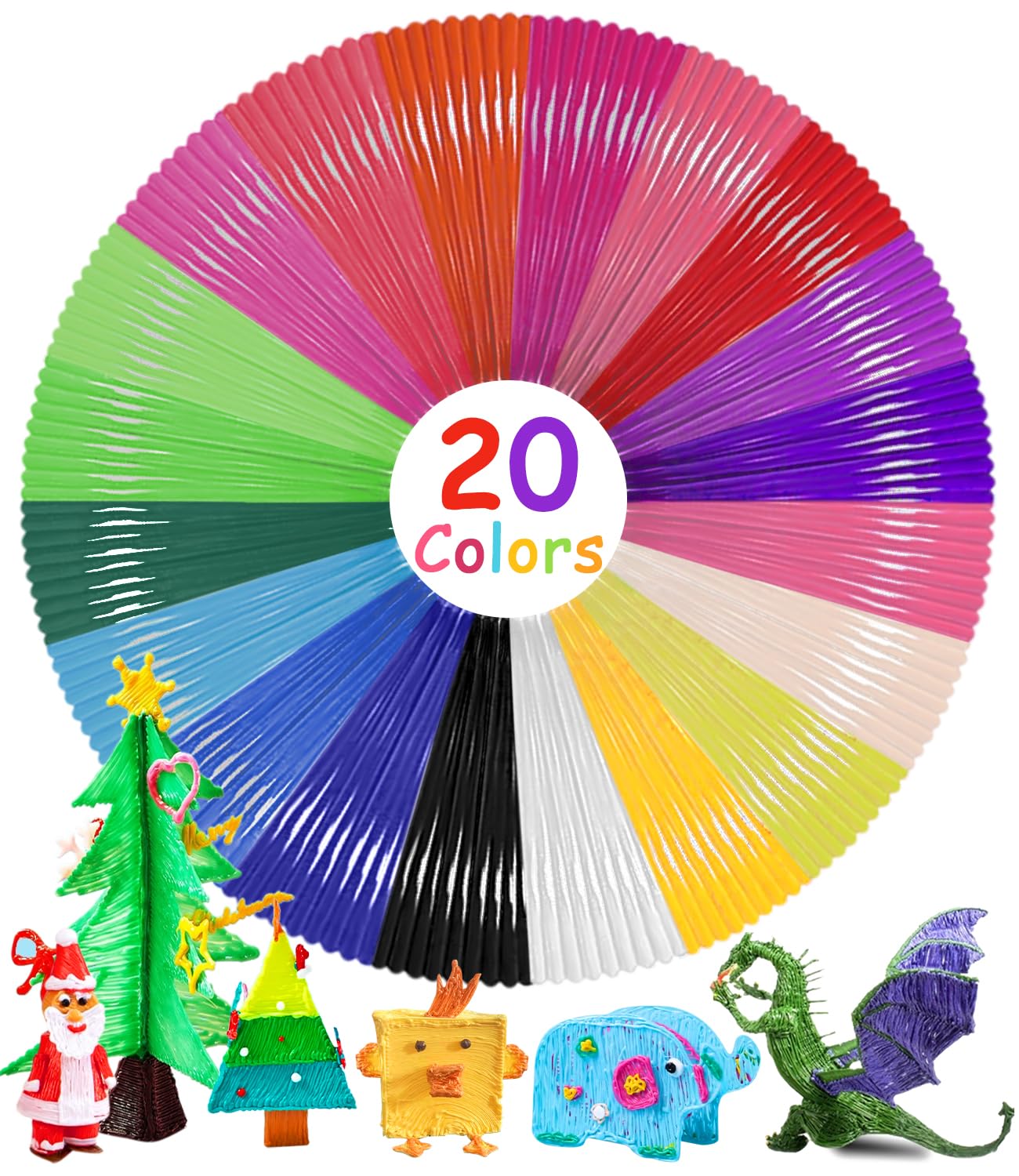 Bixury PLA 3D Pluma Filamento PLA Boligrafo 3D 20 Colores Variados Lapiz 3D 1,75mm Filamento Total 200 M Filamento para Impresoras 3D Pen para Los Bolígrafos de Impresión 3D de Alta Temperatura