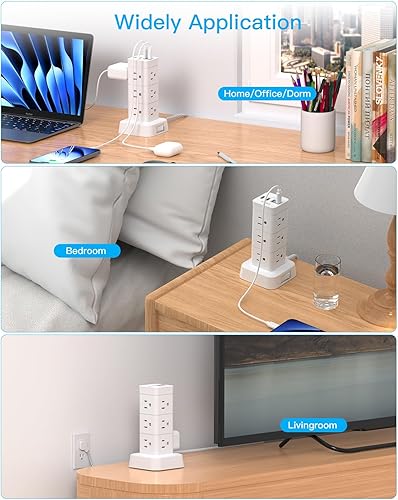 Miniatura 7 de Torre de regleta de alimentación con protector de sobretensiones, 12 tomacorrientes, 4 USB (2 USB C) estación de carga de escritorio para múltiples