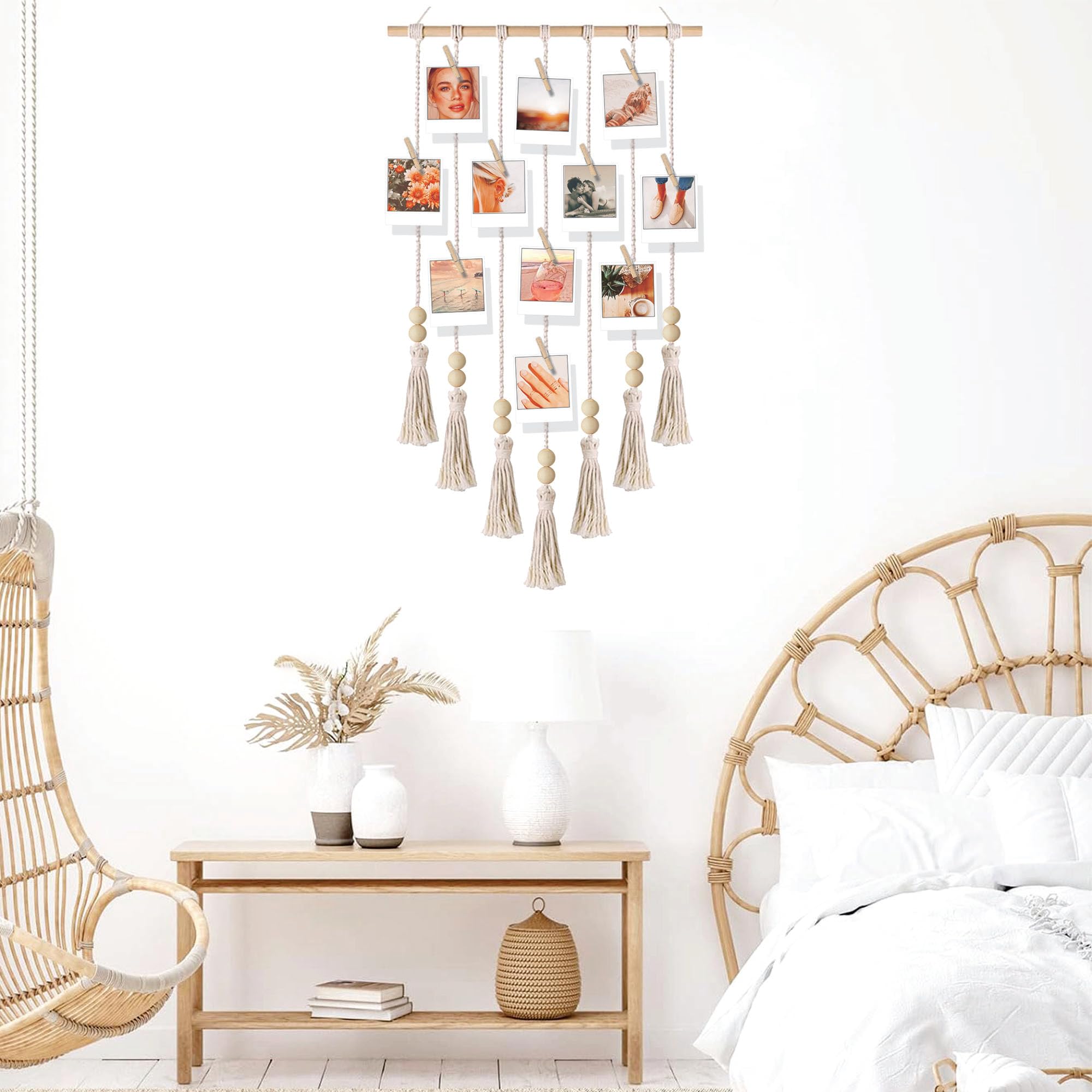 BIZYAC Hanging Photo Display Boho Macrame Wall Decor Room - Collage Picture Frame Hanging Card Holder for Bedroom - Teen Girl - 20 Clips - Pictures for Dorm Wall Decor