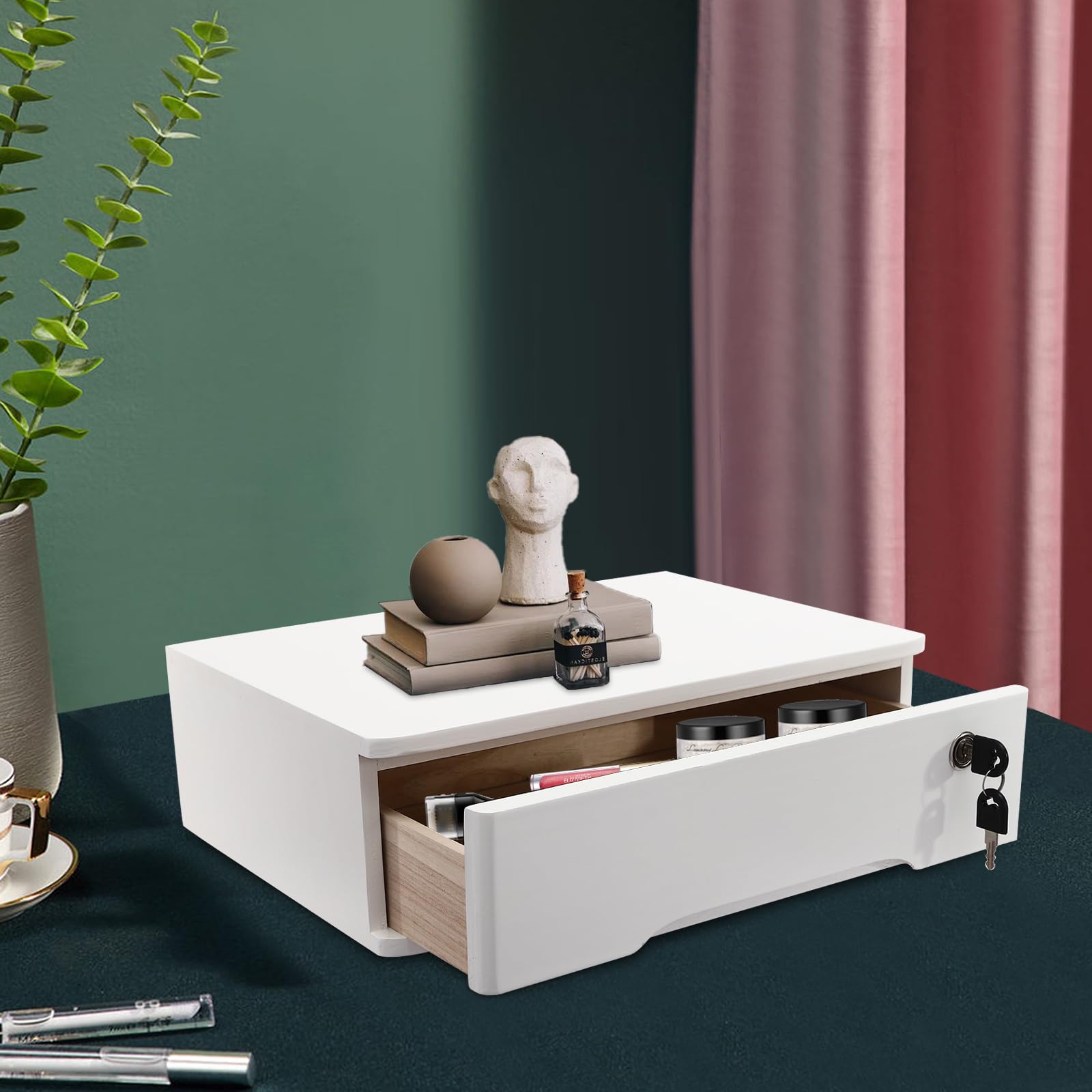 Schreibtisch-Aufbewahrungsbox mit Schloss, Holz-Aufbewahrungsset 1 Schublade aus Holz Organizer Aufbewahrungslösung 40 * 28 * 12cm Aufbewahrungskiste Schubladen-Organizer für Büro (Weiß)