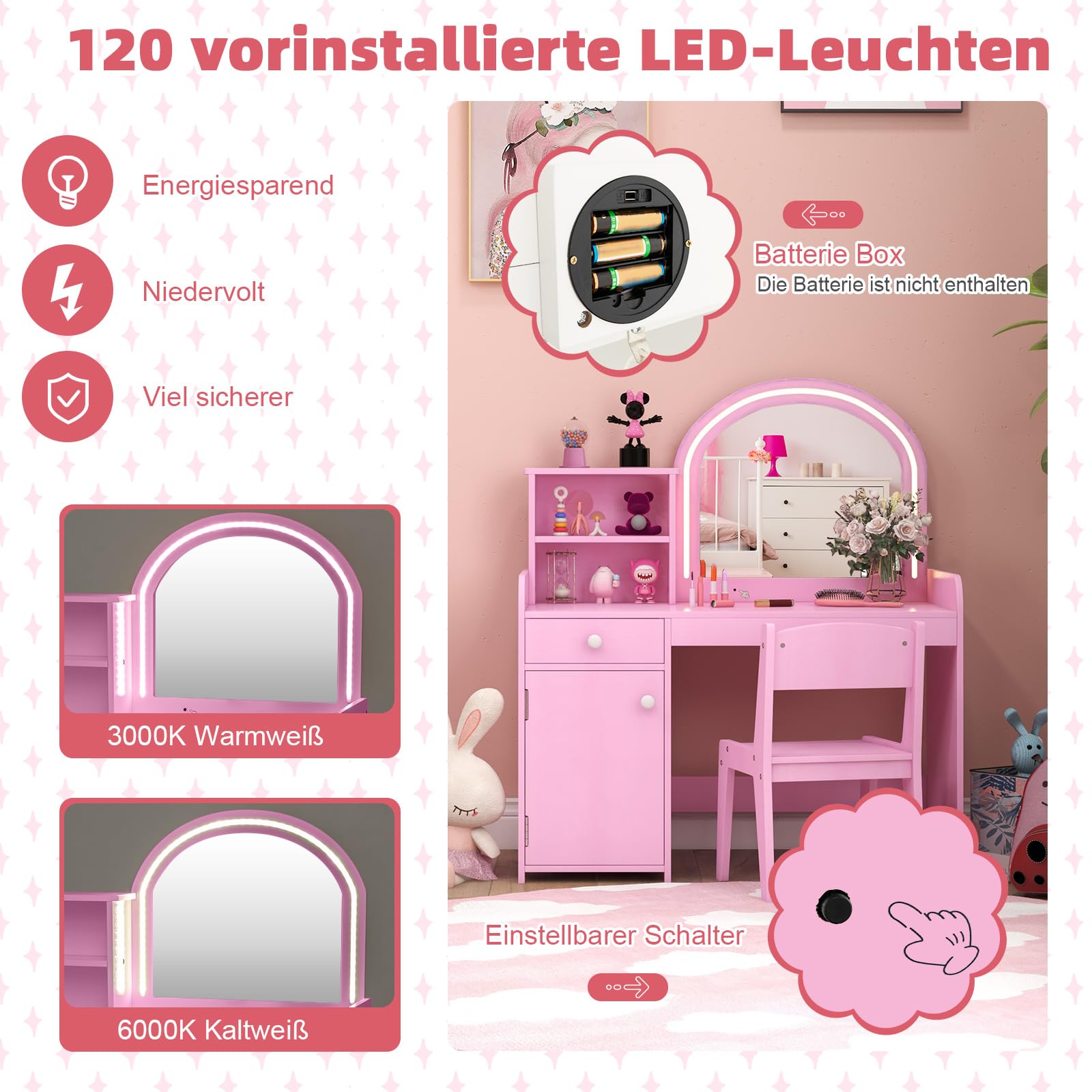 COSTWAY 2 in 1 Kinder Schminktisch Set, Frisertisch mit Hocker, LED-Leuchten, Spiegel, Schrank & Schublade, Kosmetiktisch Schminkkommde mädchen aus Holz für Kinder ab 3 Jahren (Rosa)