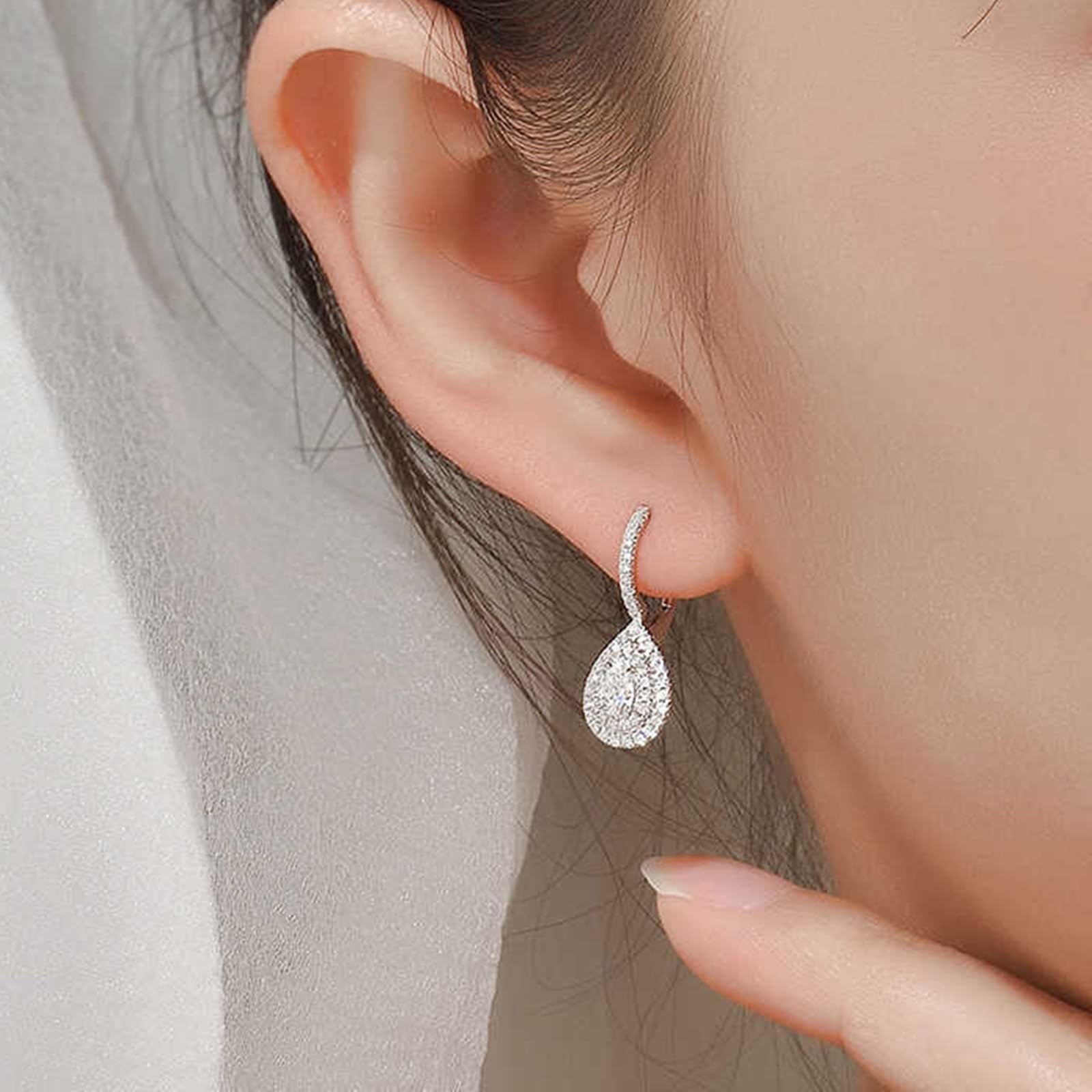 Epinki Prawdziwa biżuteria Creole Hoop 9K/14K/18K białe złoto, łzy damskie kolczyki z laboratorium diamentowe szlif kropli, kolczyki złote Au750/ 585/375,, 14-karatowe białe złoto (585), Laboratorium