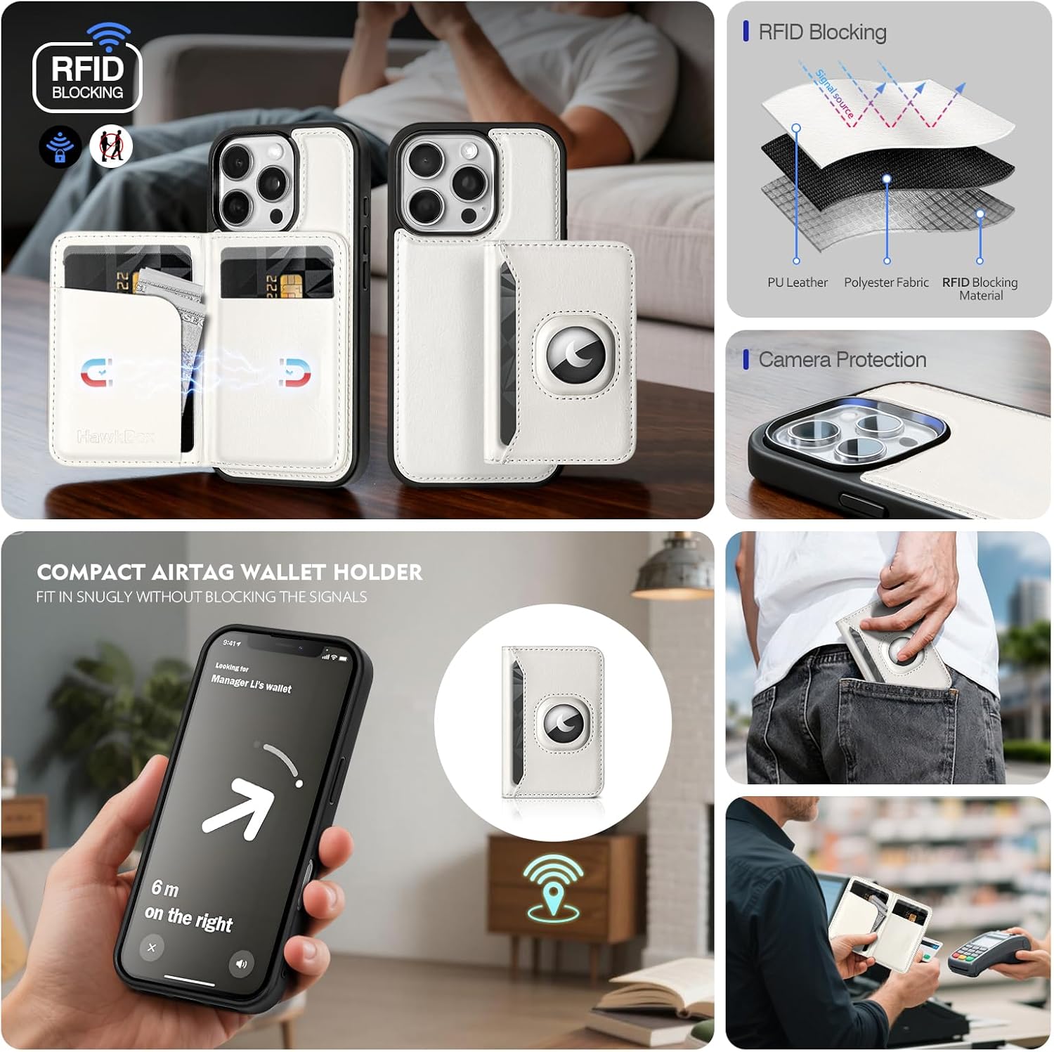 2-in-1 Detachable Compatible with Magsafe iPhone 16 Pro Case Wallet with AirTag Holder Women Men,Luxury PU Leather Phone Case Shockproof Protector Cover Credit Card Slot Kickstand,White