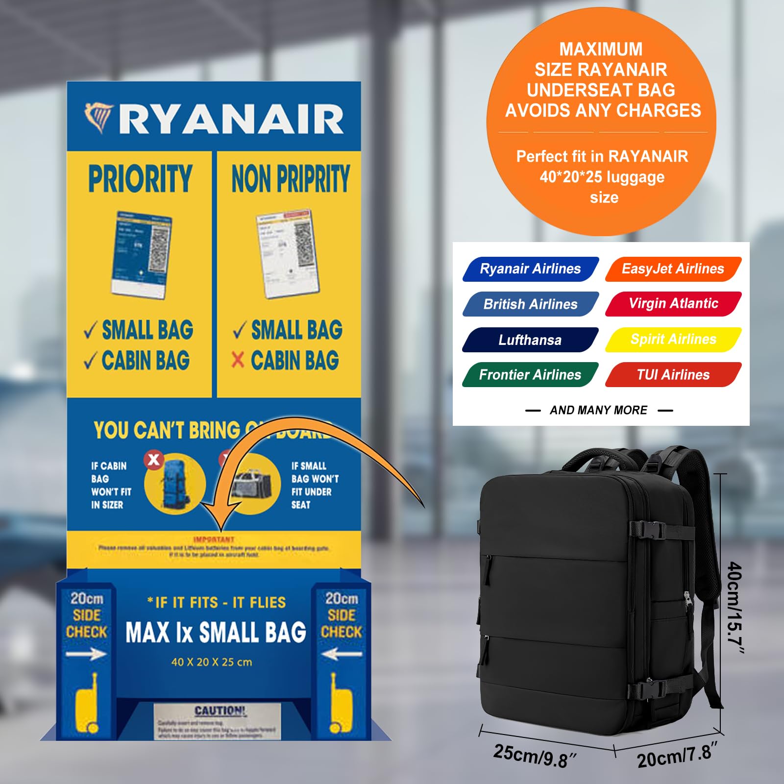 Zaino Bagaglio a Mano Ryanair 40x20x25 Zaino Aereo Borse da Cabina per Easyjet 45x36x20 Zaino da Viaggio donna con porta ricarica USB, Borsa da Viaggio aereo Zaino Computer Impermeabile Casual Daypack