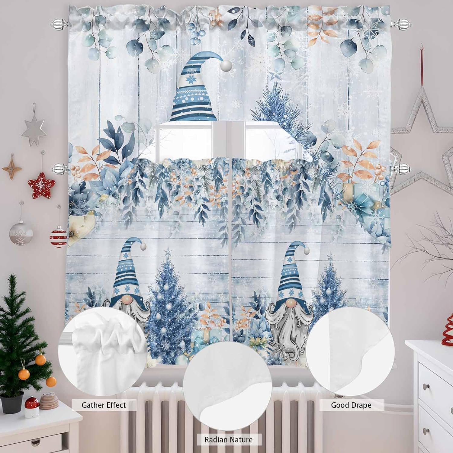 Christmas Swag Kitchen Curtain Sets with Valance,3 Pieces Rod Pocket Curtain Drapes for Bedroom Living Room Cafe Windows,Retro Blue Blue Eucalyptus Gnomes Snowflake 56''x36''&24''x27.5''x2Panels