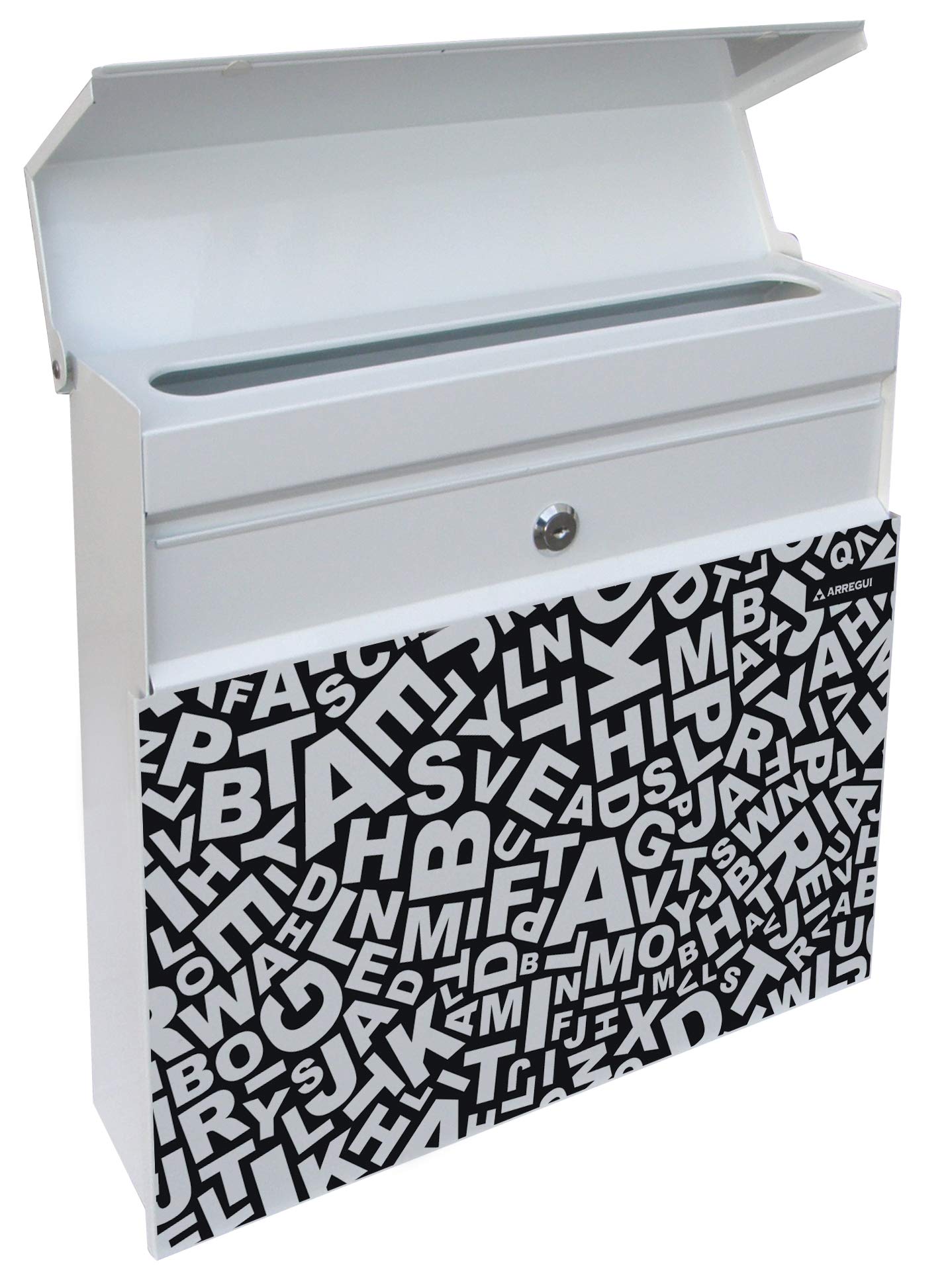 ARREGUI Plate E6512 Buzón Exterior de Acero con serigrafía Decorativa Words, Tamaño L (Revistas, Sobres C4), Buzón con Cerradura Tapada, Buzón de Pared, Buzón de Correo Grande, Antilluvia, Blanco