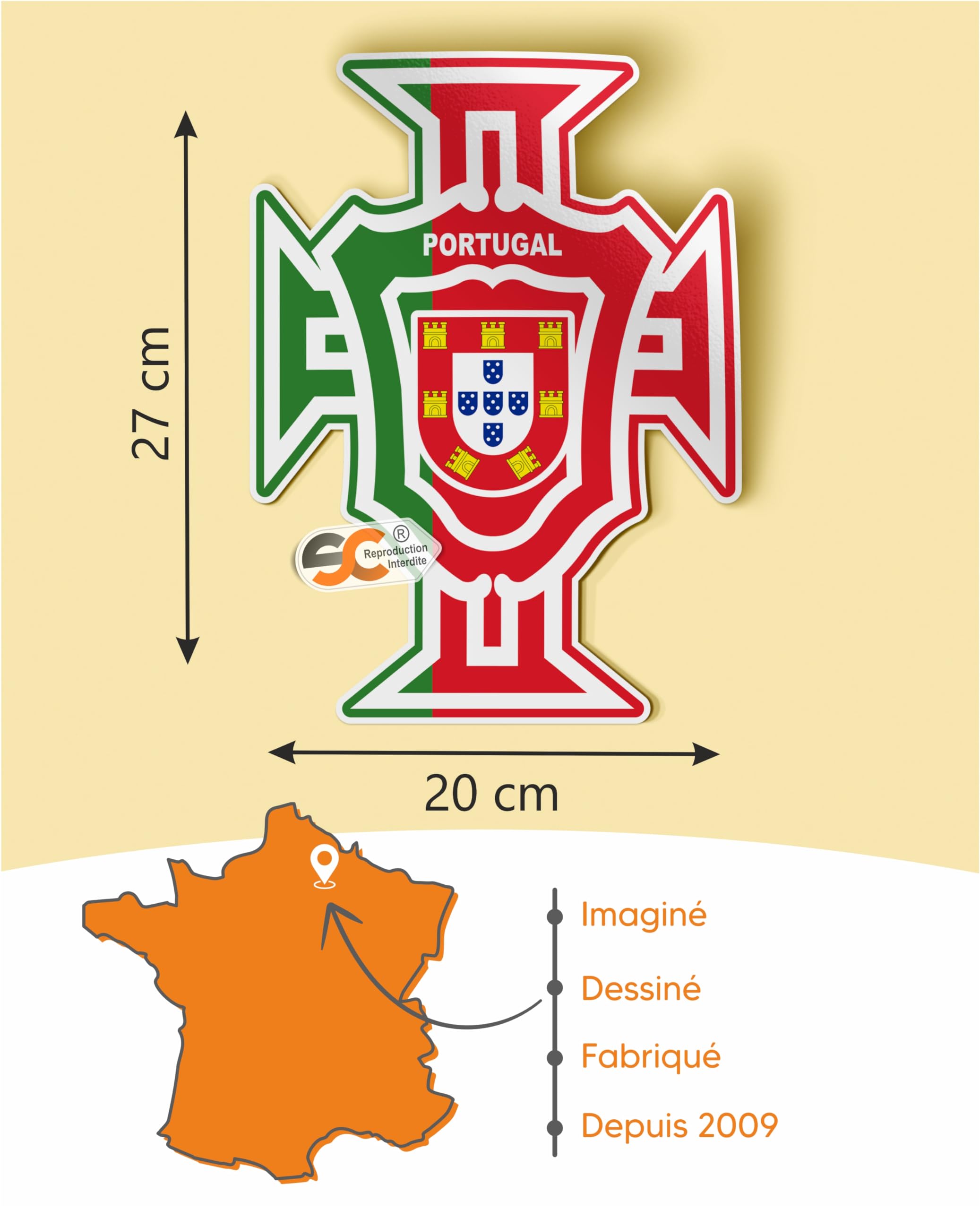 SC ® - Sticker/Autocollant - Portugal Croix - Fabrication Française (Hauteur 27 cm/Largeur 20 cm)