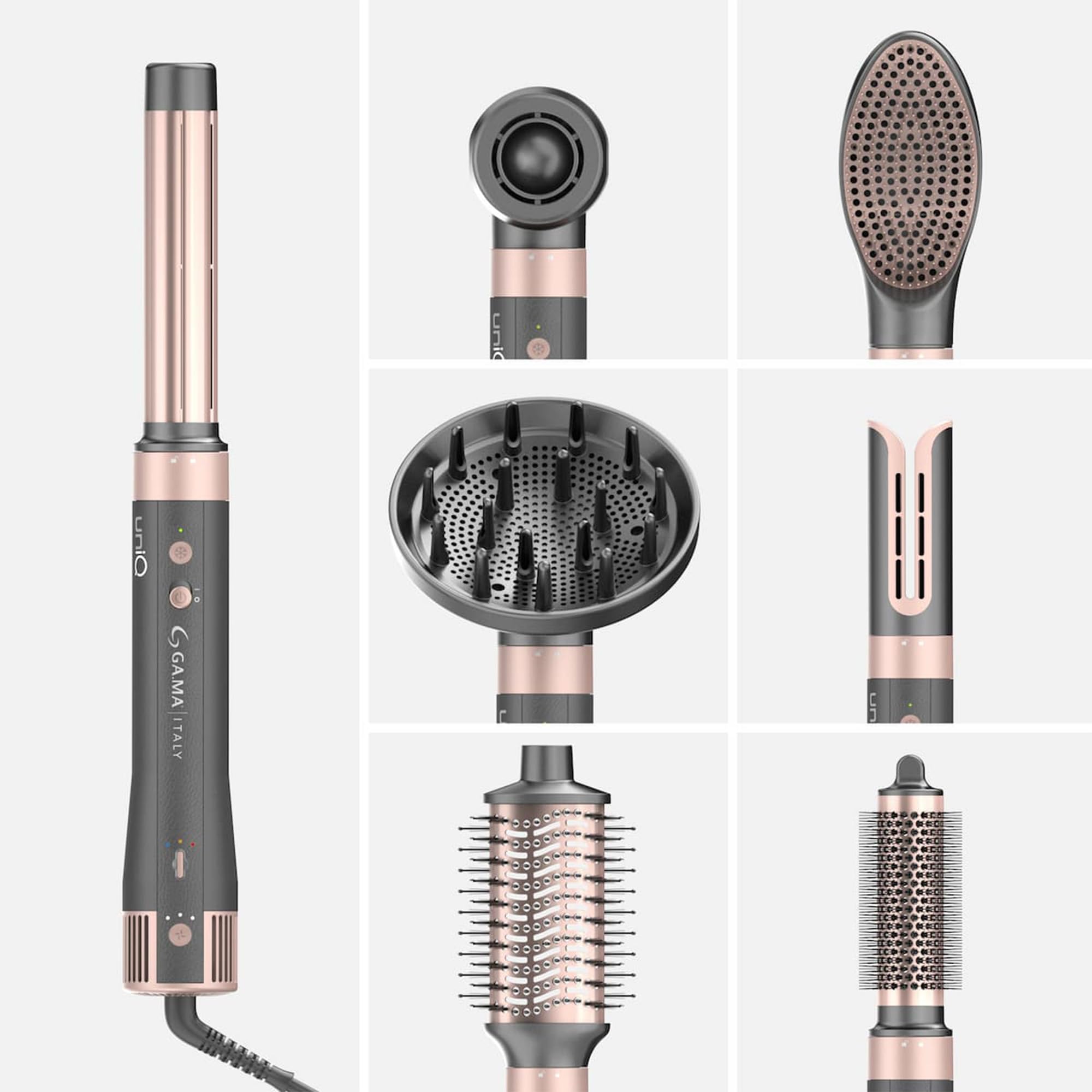 GA.MA Italy Professional, UNIQ VIBRANCE Multistyler 8 in 1, Motore Brushless 100.000 rpm, Tecnologia Coanda e Tormalina, Spazzole, Diffusore e Arricciacapelli Inclusi, Colpo d’Aria Fredda, Autopulizia