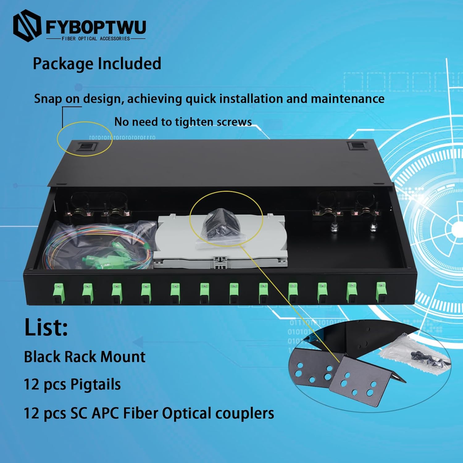 2 Packs 12 Singlemode 12 Port SC-APC Rack Mount Enclosure Box & Splice Trays Fiber Cables Kit (Include Pigtail & Couplers), 12 Core LGX Loaded Patch Panel Box fits for 19" Racks Cabinet