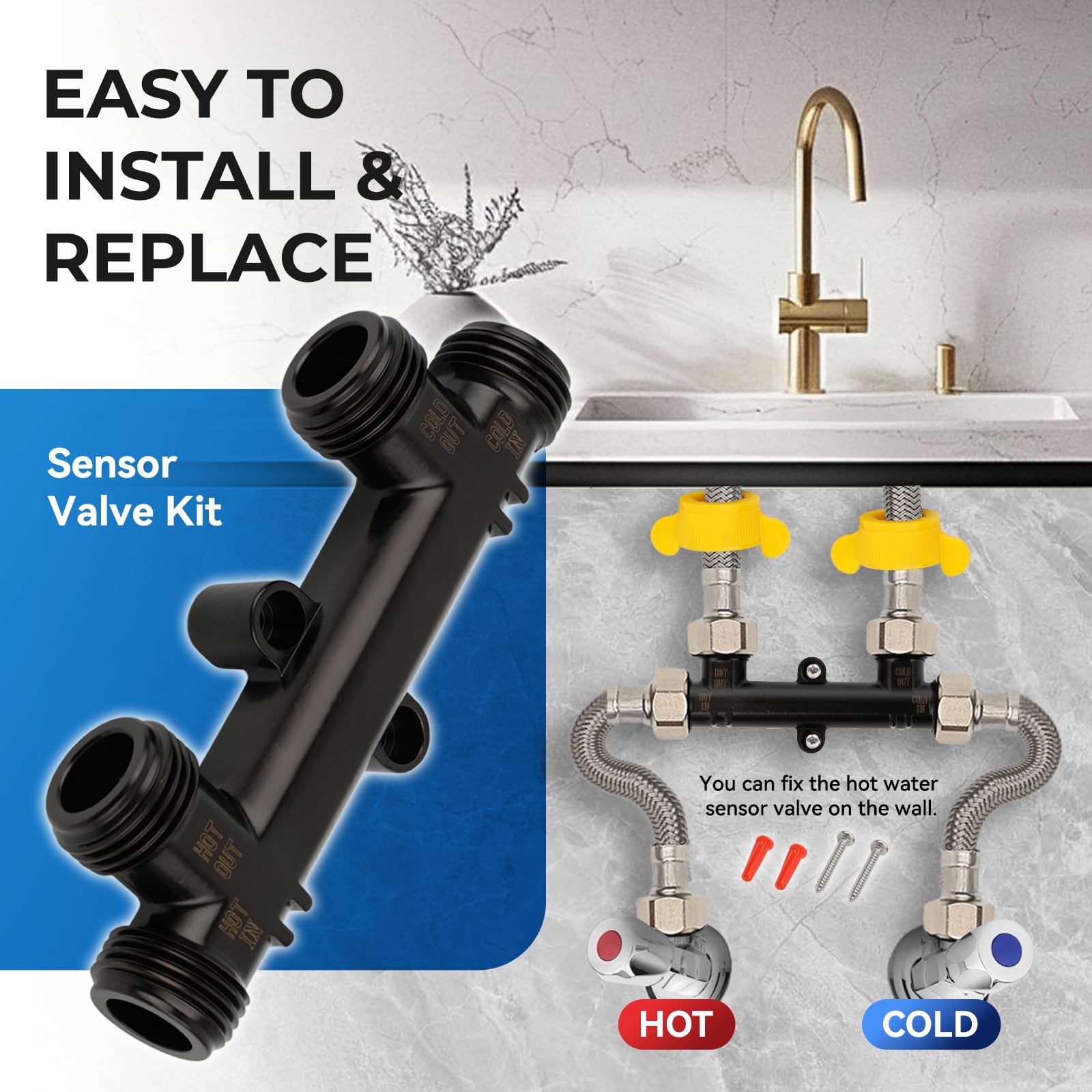 Kit de válvula de sensor de bomba de recirculación de agua caliente: 2 kits WP596816 con líneas de 2 x 12 pulgadas, accesorios de 2 x 1/2 x 3/8 pulgadas para sistemas 500800/500805, acabado de cobre