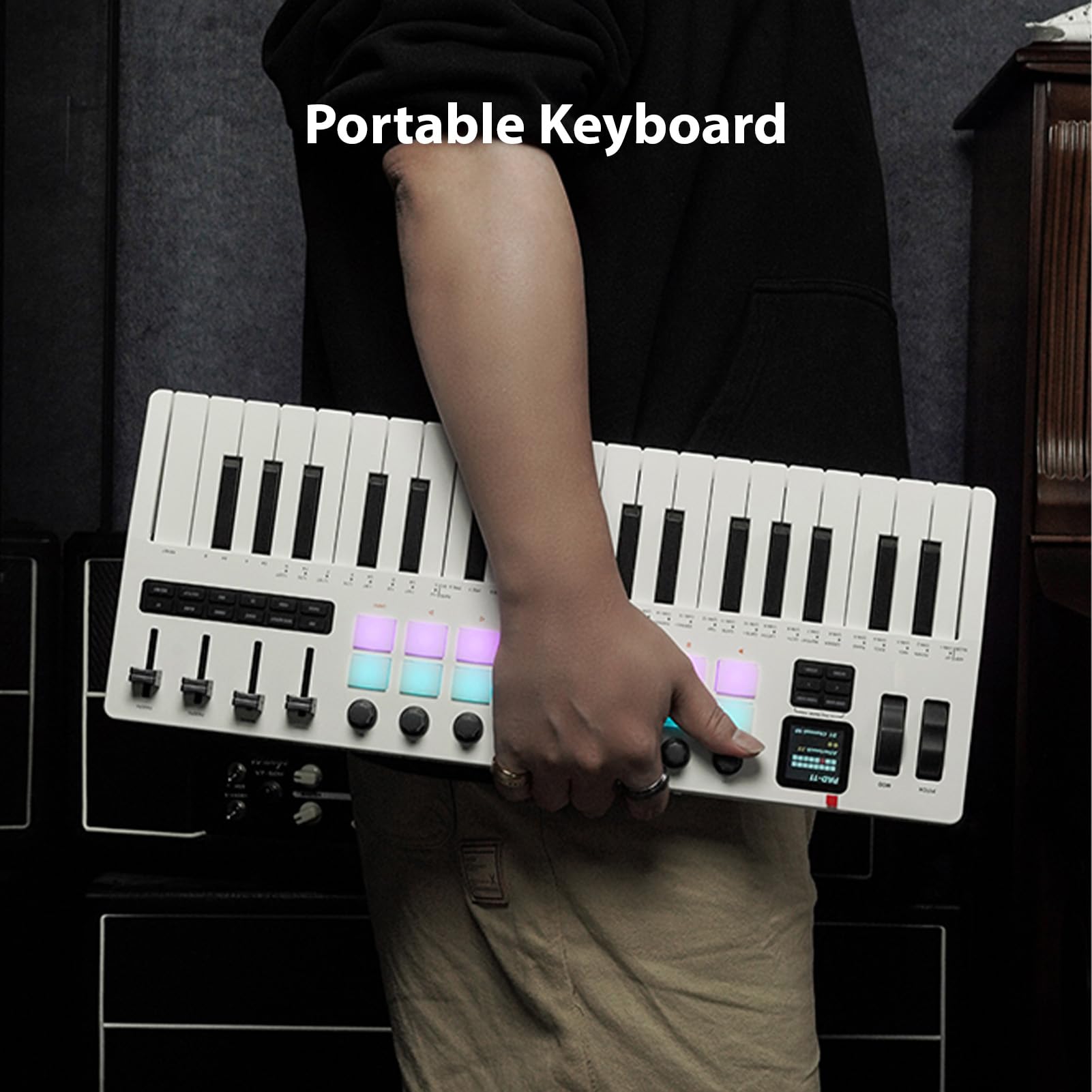 Btuty Controlador de teclado MIDI de 37 teclas, controlador de producción de música, teclado de piano MIDI con 16 almohadillas de batería RGB, 8 perillas, 4 atenuadores, motor sintetizador para