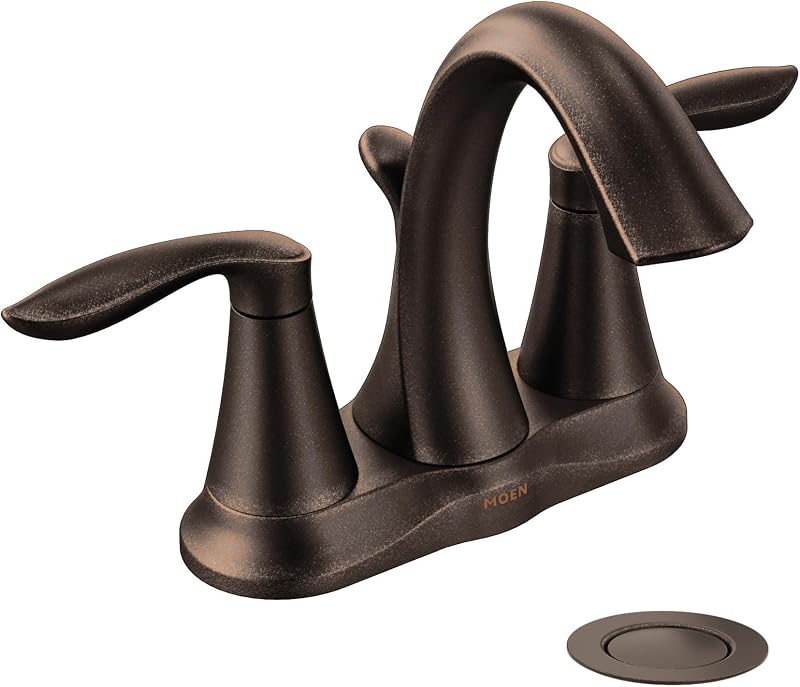 Moen Eva 6410ORB - Grifo para lavabo con dos manijas de bronce aceitado con conjunto de drenaje, grifo para fregadero de baño con 3 orificios para configuración estándar de encimera de 4 pulgadas