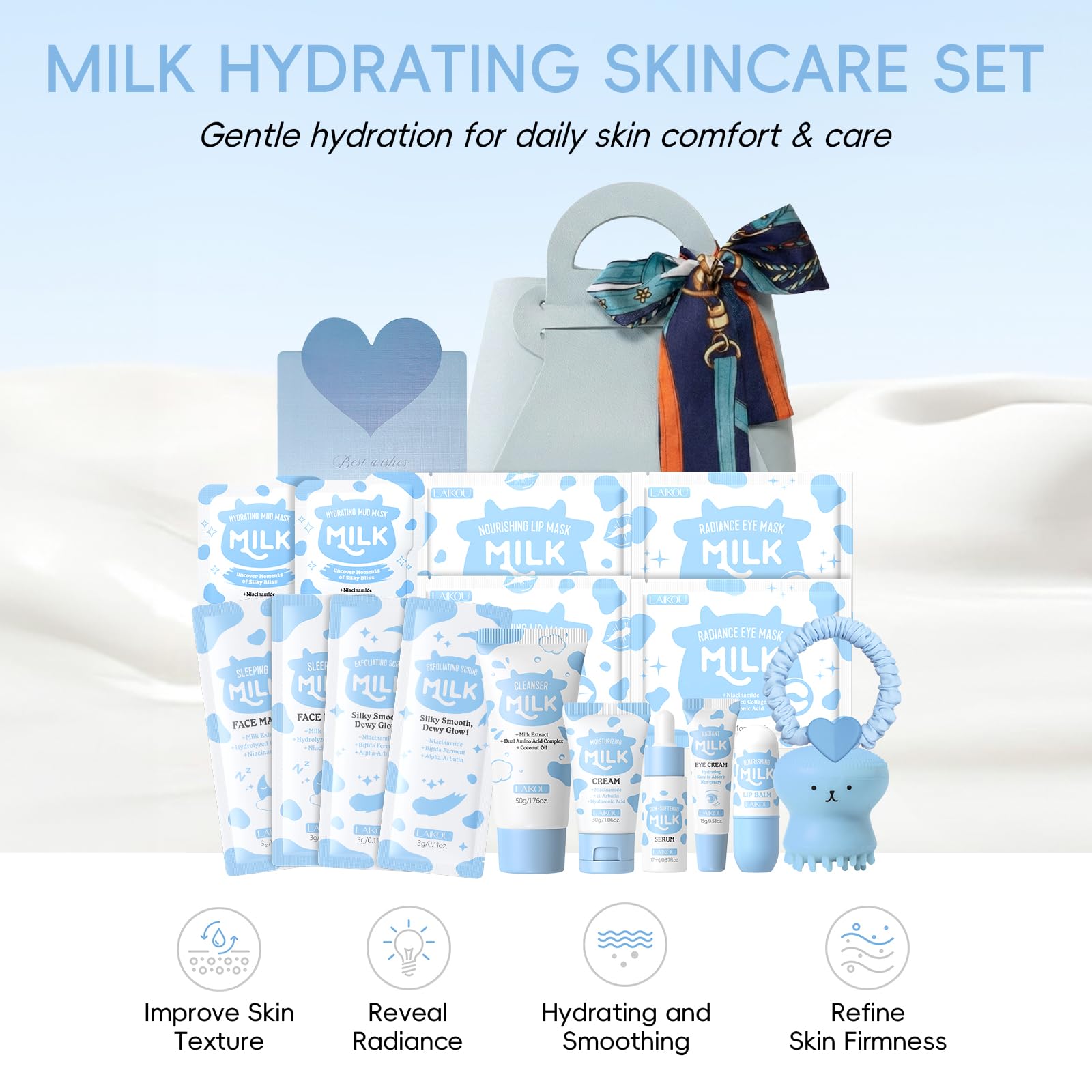 LAIKOU Milk Skincare Set, Kit Soins Ado Fille, 18 Pièces Coffret Soin Visage Format Voyage, avec Nettoyante Crème Masque Patch Lèvres Elastique Cheveux, pour Hydratant Nourrissant & Éclat