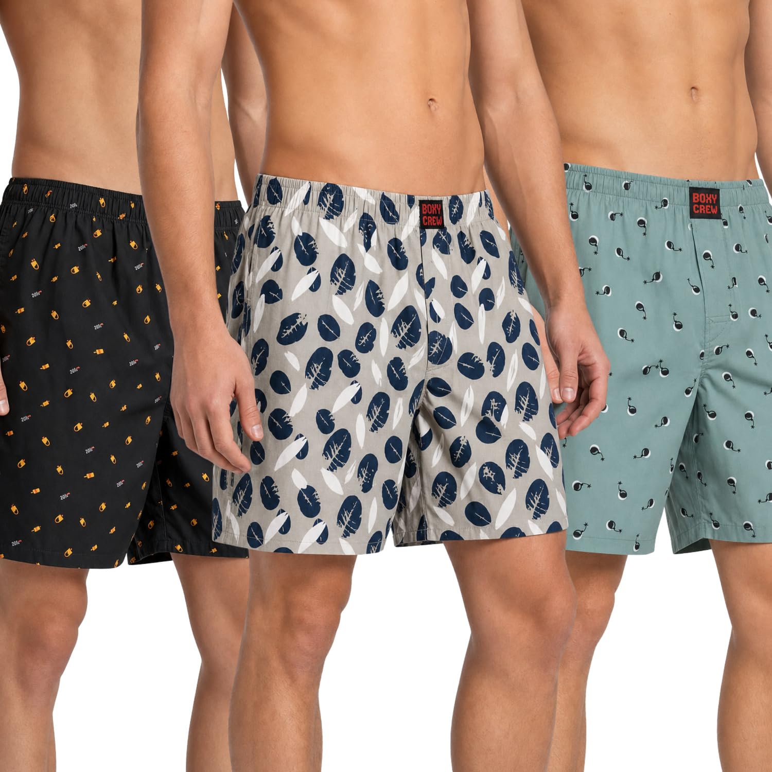 Men's 100% Cotton Printed Boxer Shorts Pack of 3 with Dual Side Pockets and Fabric-Covered Waistband - Black/Cream/Green, Styles MBX016, MBX021, MBX023-picture-40