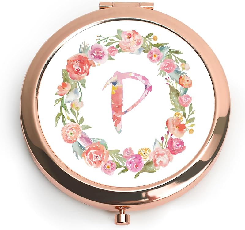 Espelho compacto personalizado QUSTGO com monograma floral, ampliação 1X e 2X, embalagem para presente