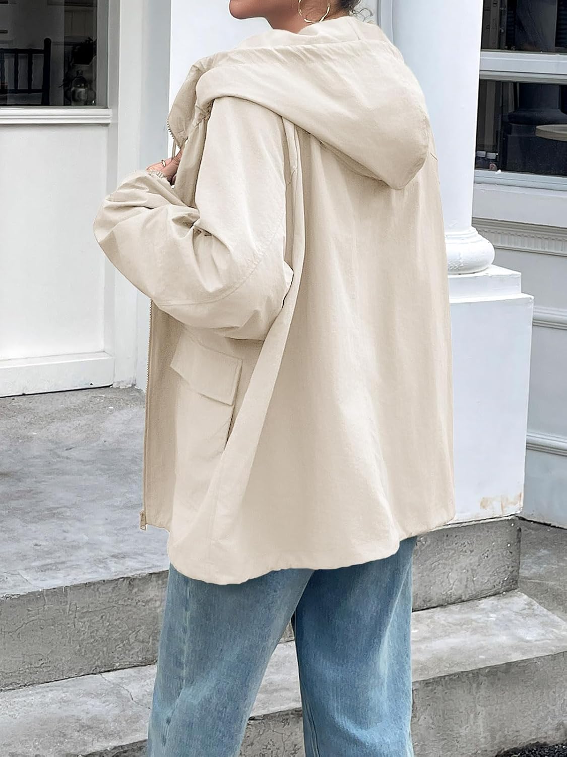 Fisoew Womens Oversized Lightweight Jacket Hooded Trench Coat Windbreaker Waterproof Raincoat With Pockets for Outdoor - Image 3