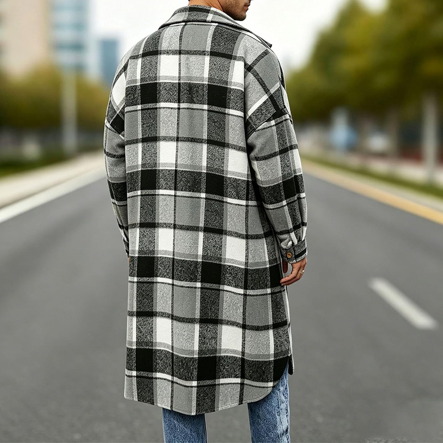 Men's Oversized Plaid Long Coat Button Down Flannel S-3XL