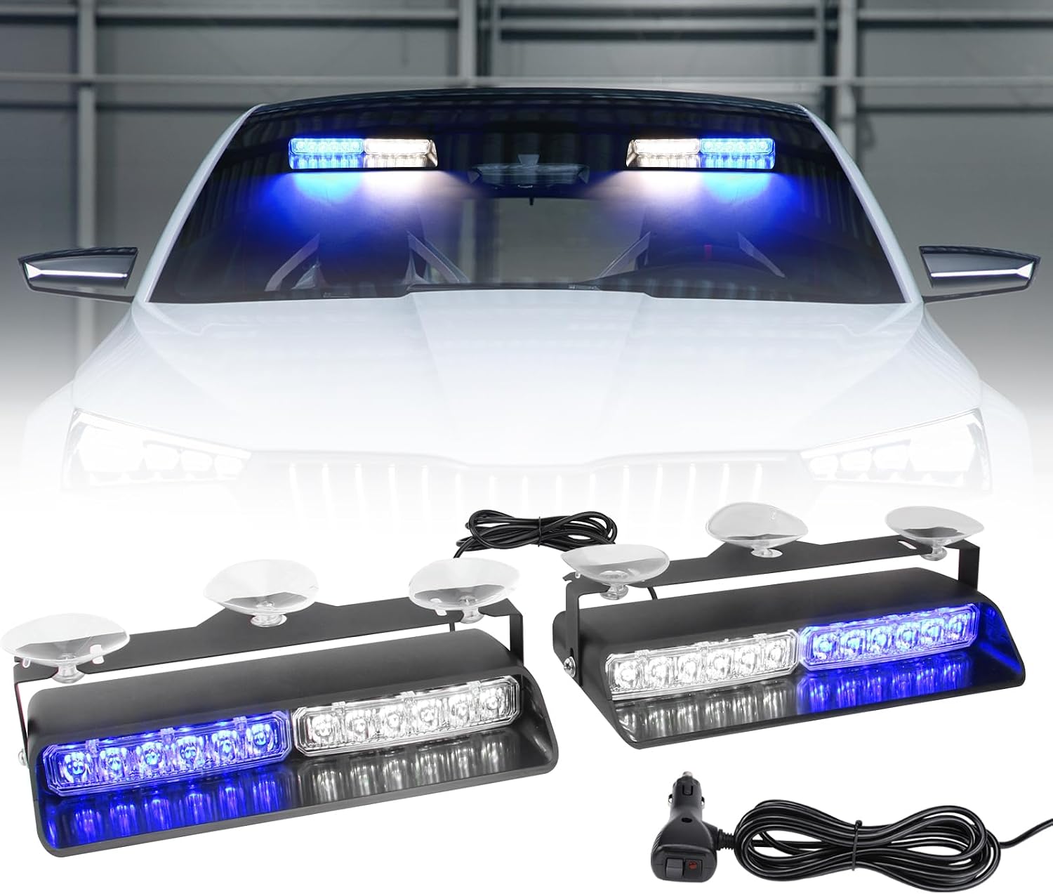 2-in-1 Blue LED Warning Dash Windshield Strobe Lights, 26 Modes 12/24V Emergency Traffic Advisor 2 x 8.4 Inch Car Front/Rear Dash Windshield Strobe for Trucks Vehicles Snow Plow