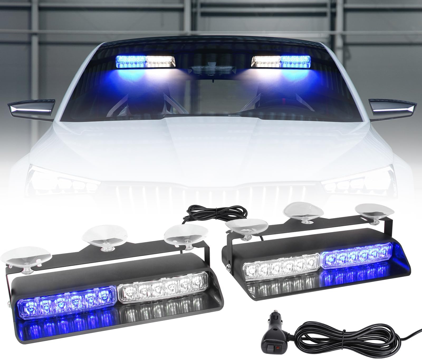 2-in-1 Blue & White LED Windshield Dash Strobe Lights, 2 x 8.4 Inch Window Interior Light, 26 Modes 12/24V Emergency Traffic Advisor Front/Rear Window Dash Strobe Lights for Trucks Vehicles