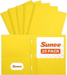 SUNEE 2 Pocket Folders with Prongs (25 Pack, Yellow), Paper Folders with 2 Pockets and 3 Prongs Fit Letter Size Paper, Folders with Prongs for School Office Home Business
