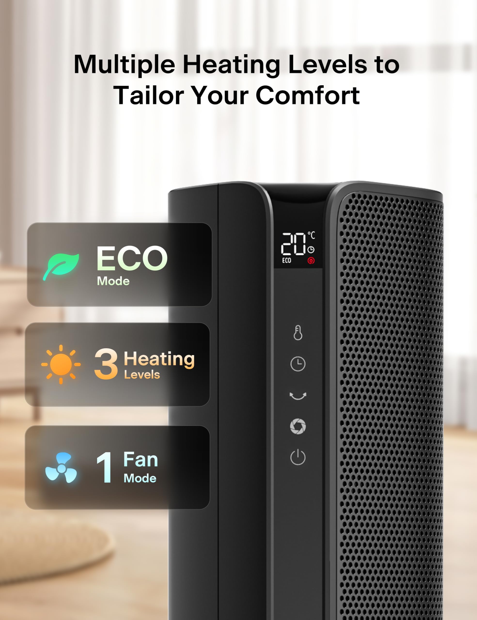 PELONIS - Ventilatore elettrico da 2000 W con telecomando, riscaldamento rapido 2S, oscillazione 75°, modalità ECO, surriscaldamento, protezione antiribaltamento, termoventilatore in ceramica a bassa