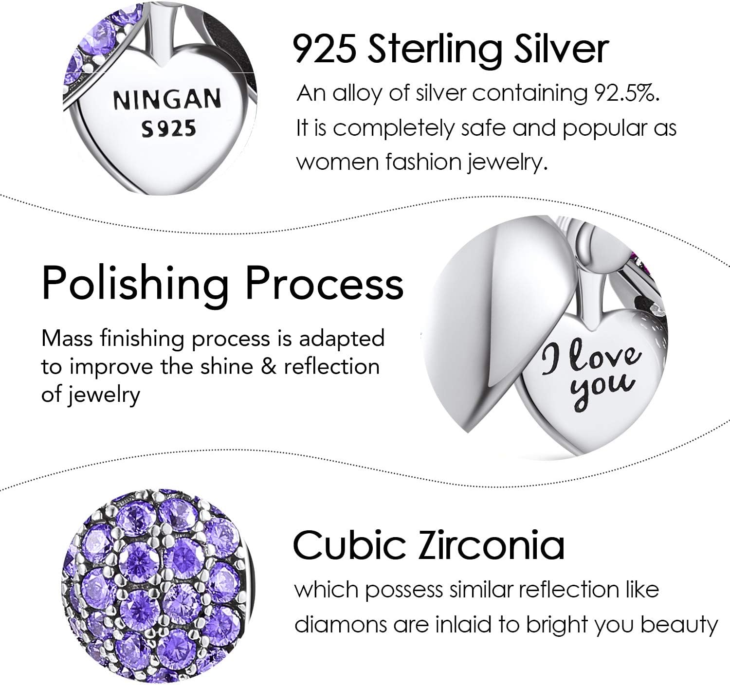 NINGAN “I Love You” Light Purple Love Heart Dange Charm 925 Sterling Silver Pendant Beads fit Bracelets & Necklaces, Birthday Gift for Women: Clothing, Shoes & Jewelry