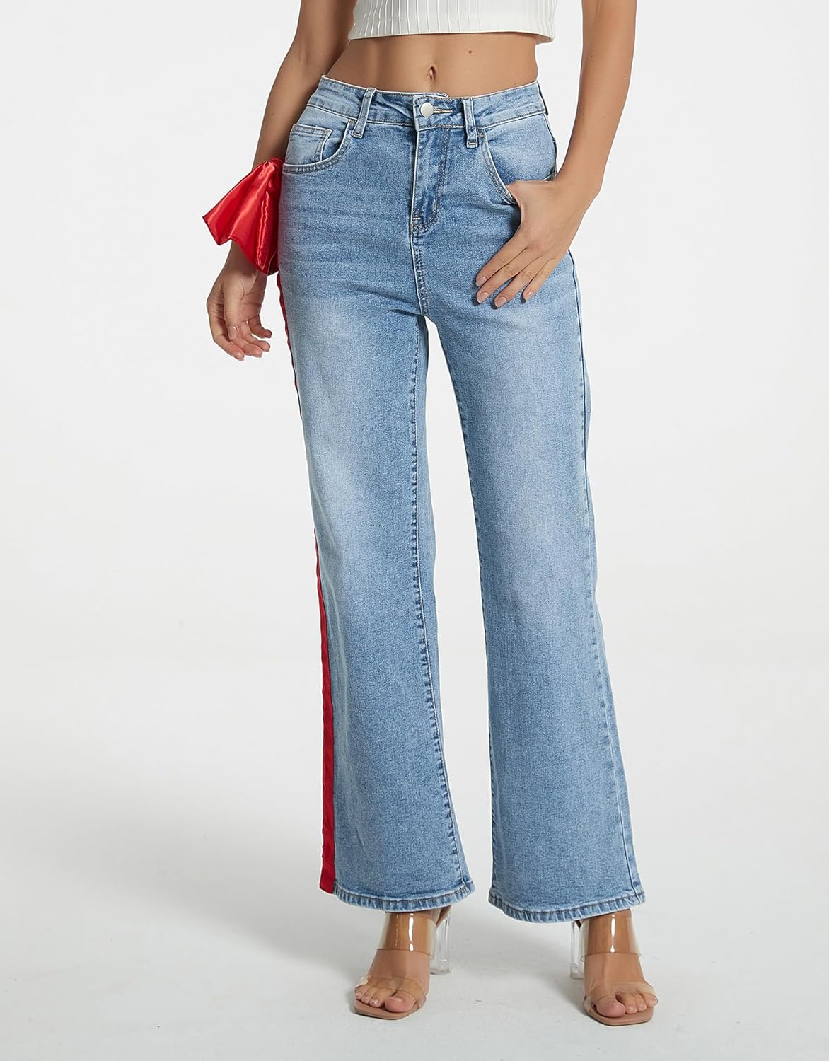 Kedera Womens Side Stripe Wide Leg Jeans Bow Ribbon Flared Denim Pants Y2K Trendy Casual Straight High Waisted Trousers