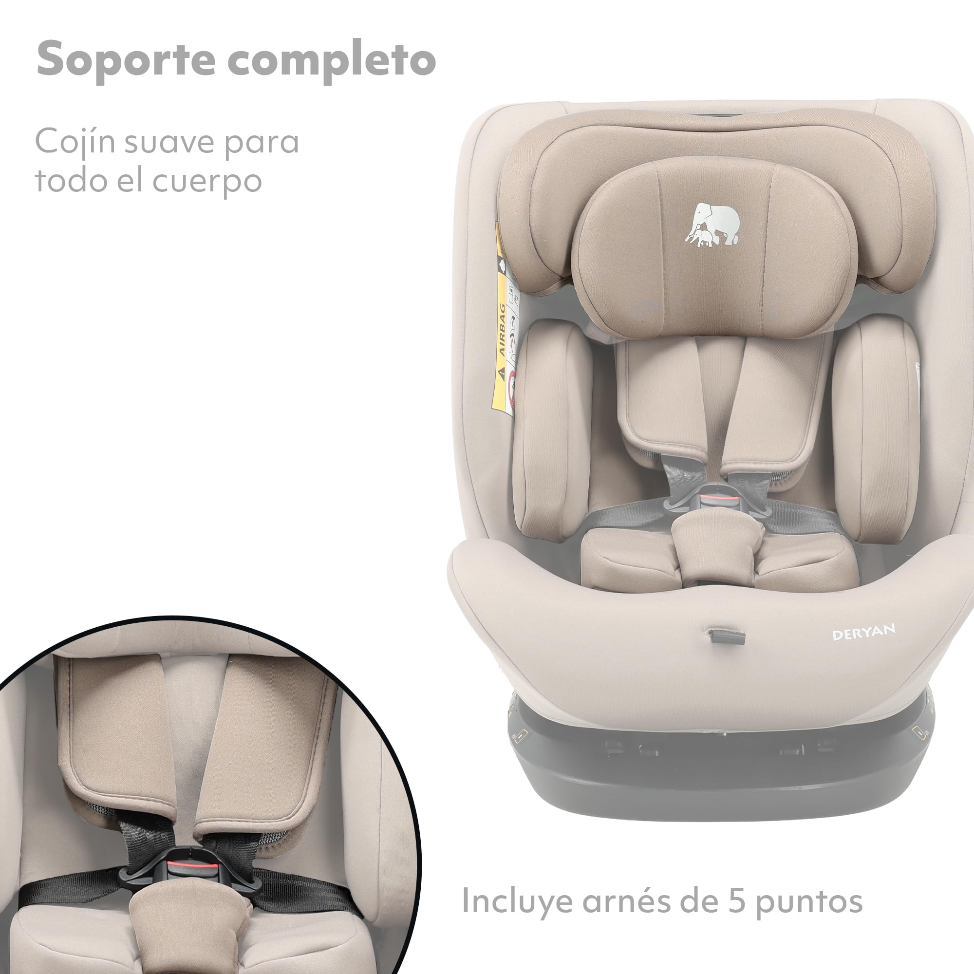 Silla de coche para niños Deryan Clyde i-Size (40-150 cm), 0-12 años, 0-36 kg, Montaje con cinturones de seguridad, reposacabezas y respaldo ajustables, reductor e inserto lingual, R129 (Nougat)