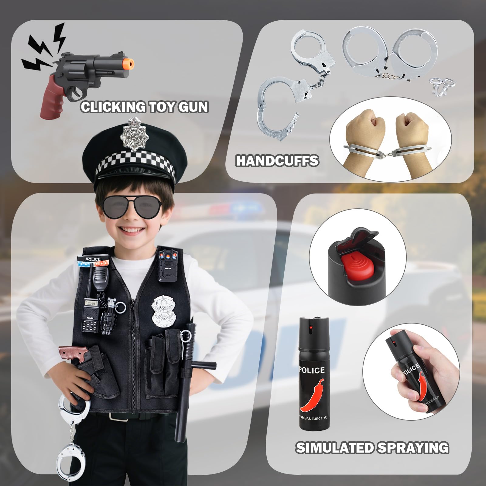 KalaDuck Kids Police Costume Toys, 17PCS Accessories with Hat, Vest, Handcuffs and Toy Gun - Image 3