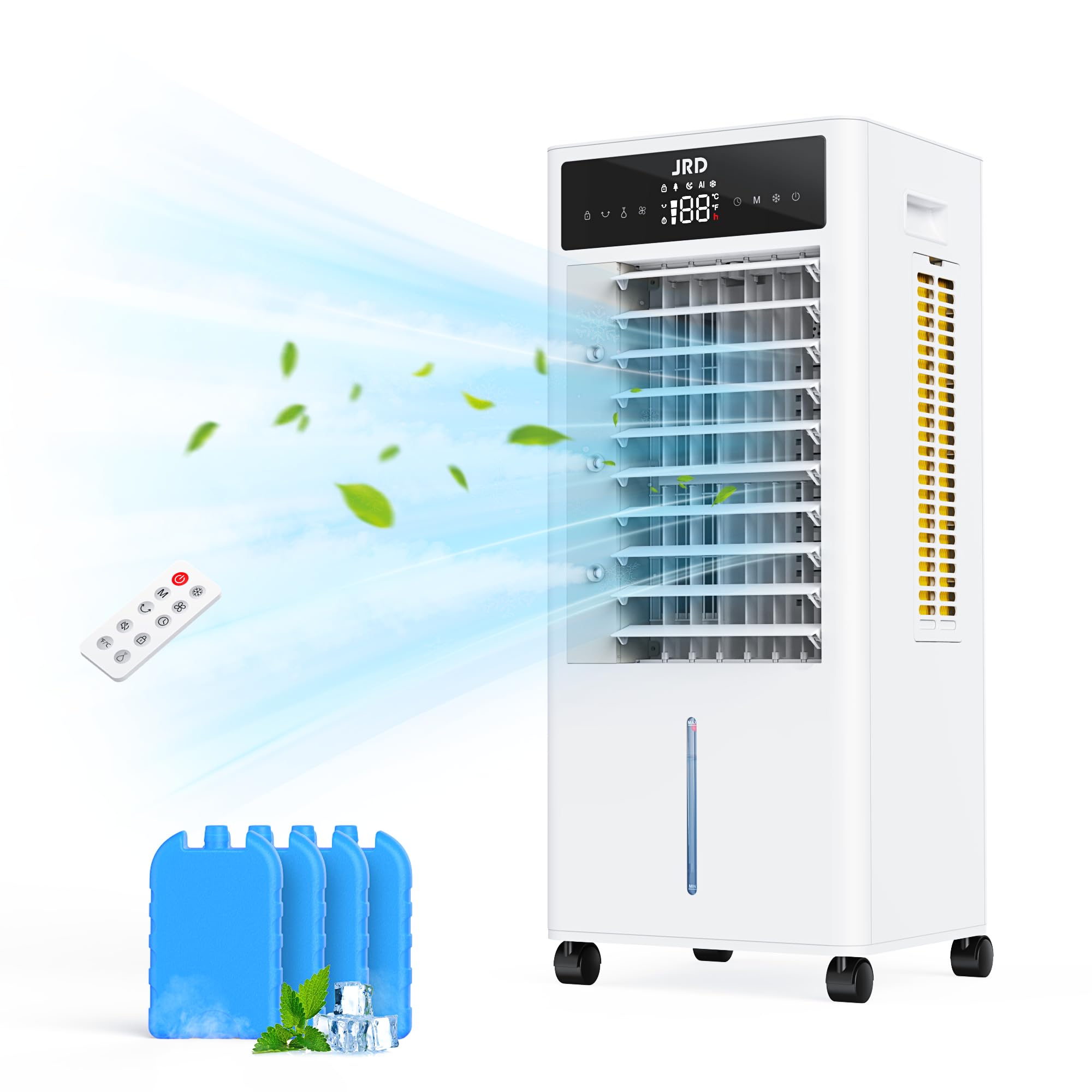 jrd portable air conditioners with 4 ice packs, 12h timer, top fill dual tank, evaporative air cooler portable with 4 modes, 3 speeds, mist function, quiet swamp cooler for bedroom office indoor