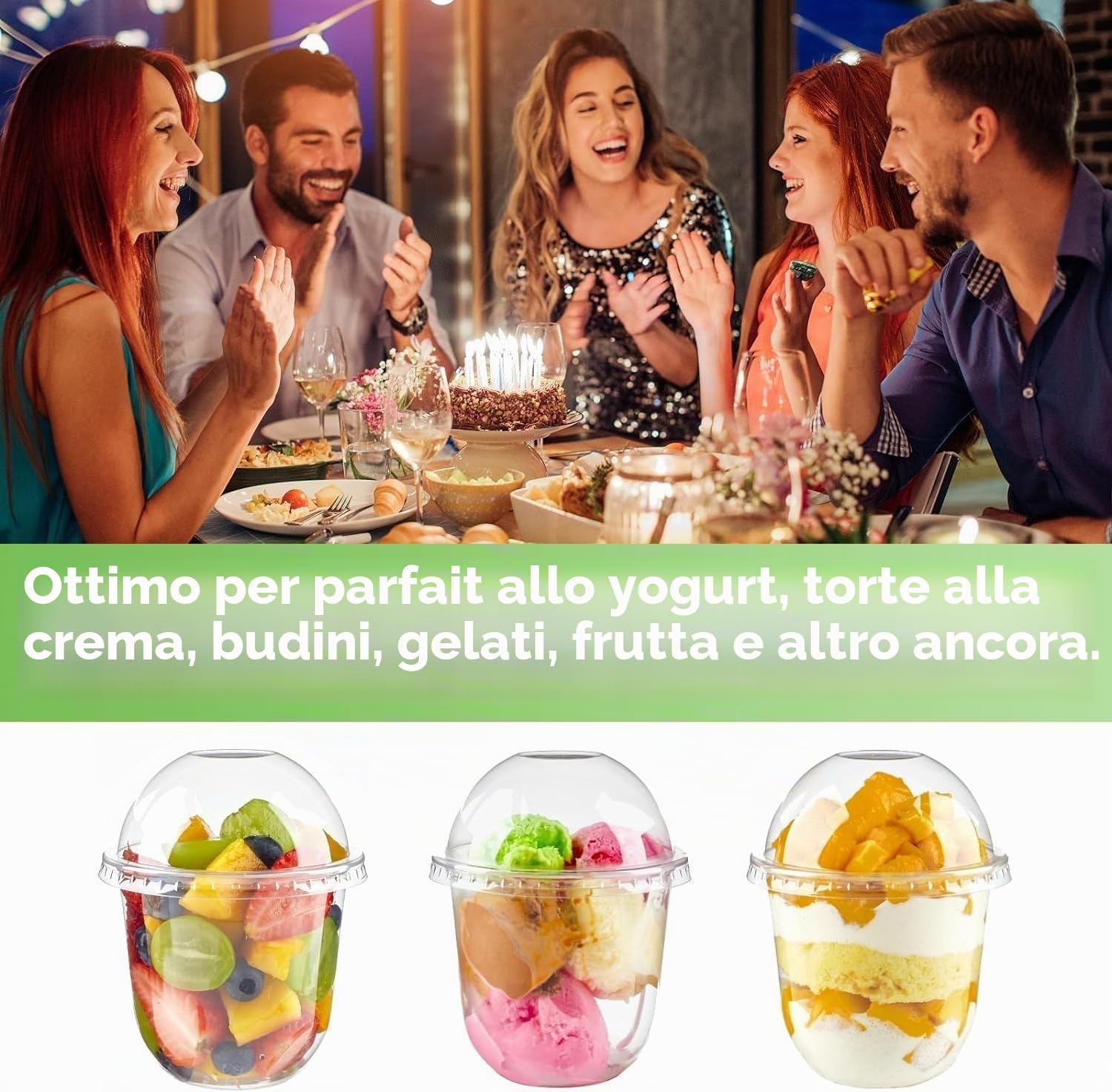 LATERN 50 Pezzi Bicchieri da Dessert in Plastica con Coperchi a Cupola, 360ml Tazze da Dessert Rotonde Coppa Trasparente per Antipasti Parfait Ciotola da Portata Riutilizzabile con Sporks