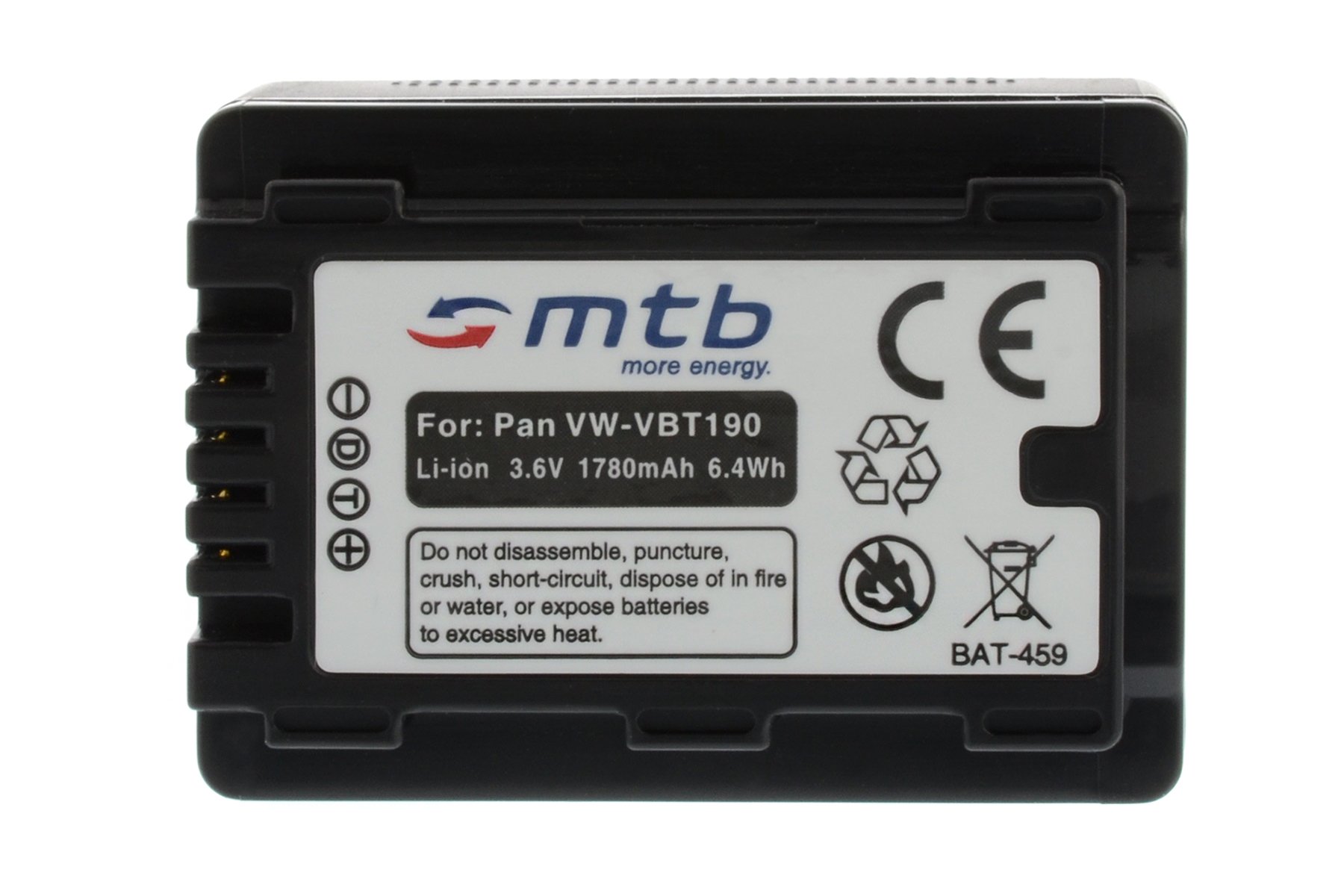 Ersatz-Akku VW-VBT190 kompatibel mit Panasonic HC-V130, V160, 270, 380, V727... s. Liste! [3.6V - 1780mAh - Li-Ion - mit Infochip, Restlaufanzeige unterstützt]