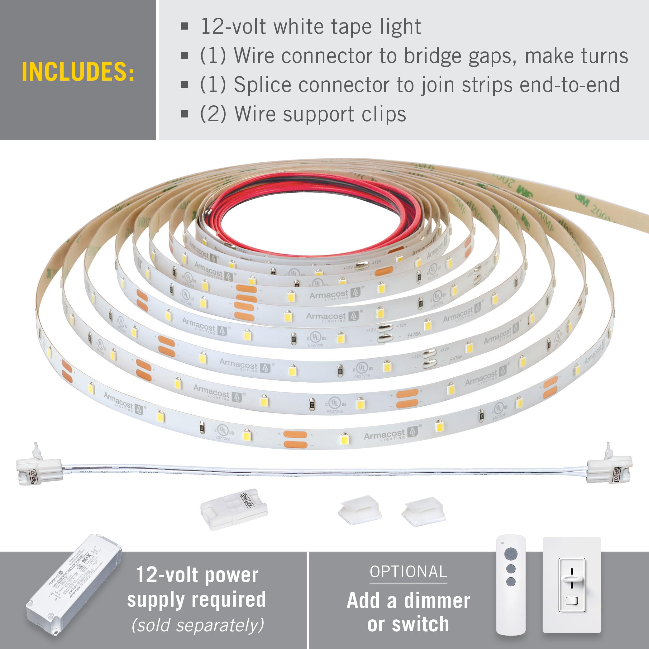 Armacost Lighting RibbonFlex Pro 12V White LED Strip Lights 30 LED/m, 3000K, 32.8 ft, 141250
