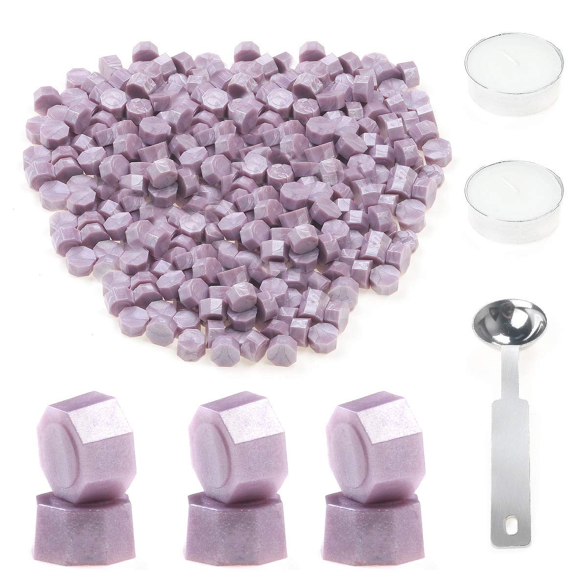 Wax Sealing Beads, HOSAIL 300 Pieces Lilac Purple Wax Seal Beads Sticks with 1 Piece Wax Melting Spoon and 2 Pieces White Candles for Wax Sealing Stamp Kit (Lilac Purple)