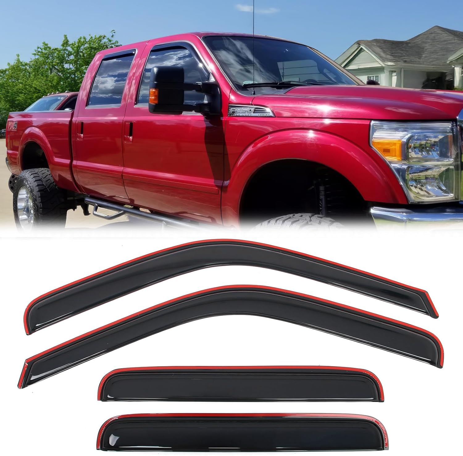 FREEMOTOR802 in-Channel Car Window Deflectors, Compatible with 1999-2016 Ford F250 F350 F450 F550 Super Duty Crew Cab, Dark Tinted Acrylic Rain Guards Side Window Visors Wind Deflectors, 4-Piece Set