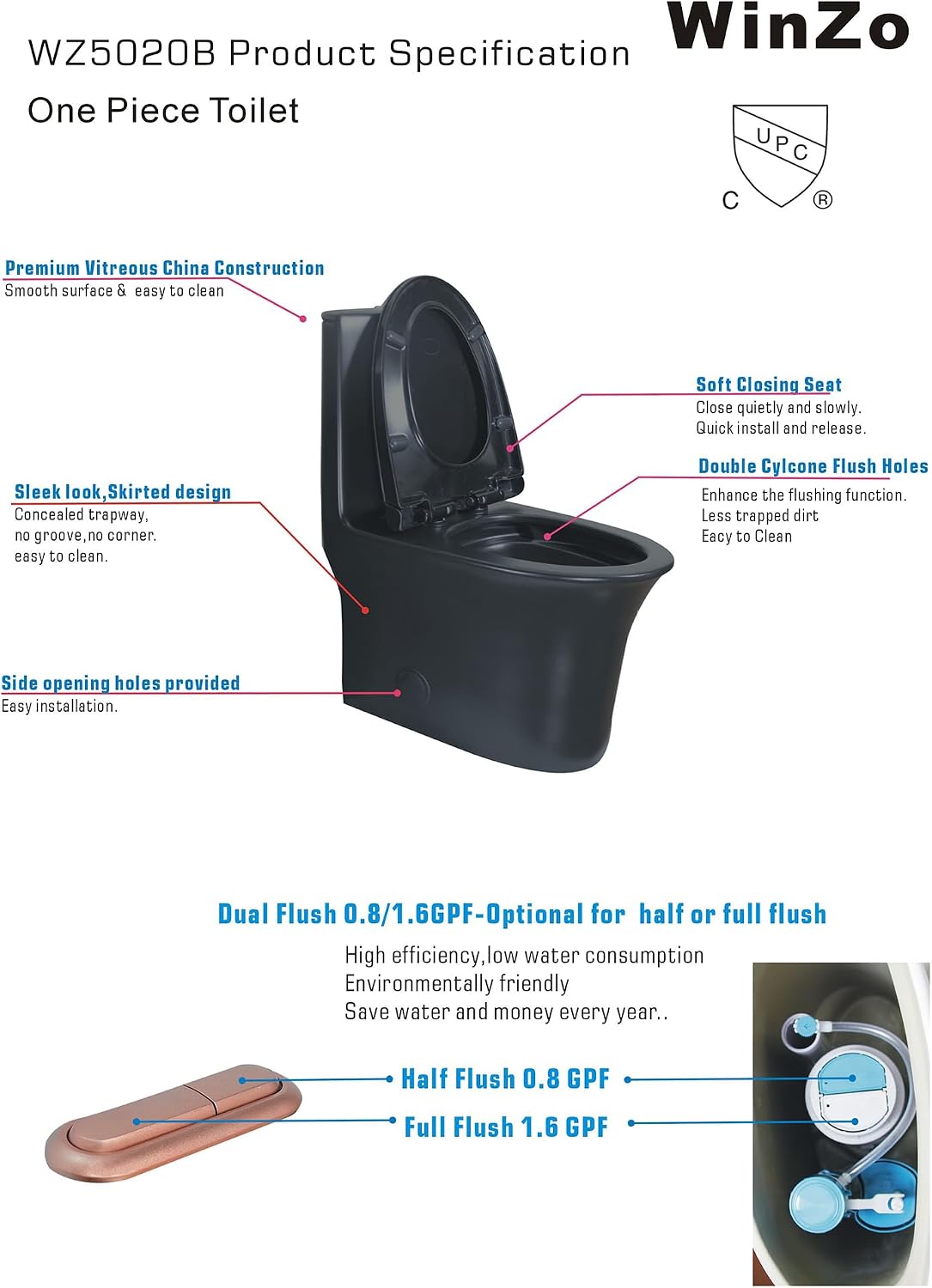 WinZo WZ5020B-RG Elongated One Piece Toilet Dual Flush 1.1/1.6 GPF Soft Close Toilet Seat Standard Height for Modern Bathroom,Black with Rose Gold Button
