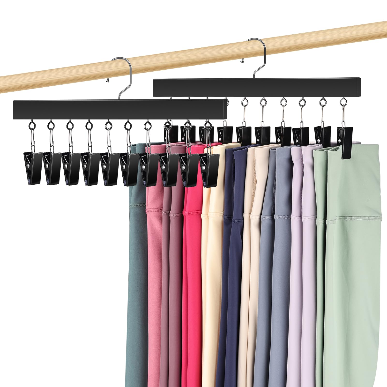 Draxzor 2 Pack Leggings Hangers for Closet, Wooden Legging Hanger for Closet Organizer with 20 Upgraded Clips Holds 20 Leggings, 360° Rotatable Space