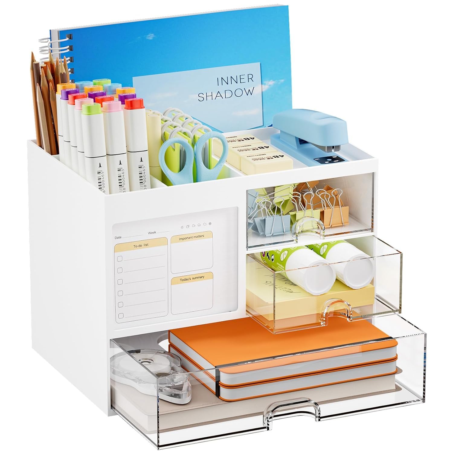 Shrigana Desk Organizer With 3 Drawer, Multi-Functional Pencil Pen Holder, Storage With 4 Compartments, Desktop Organizer (White)