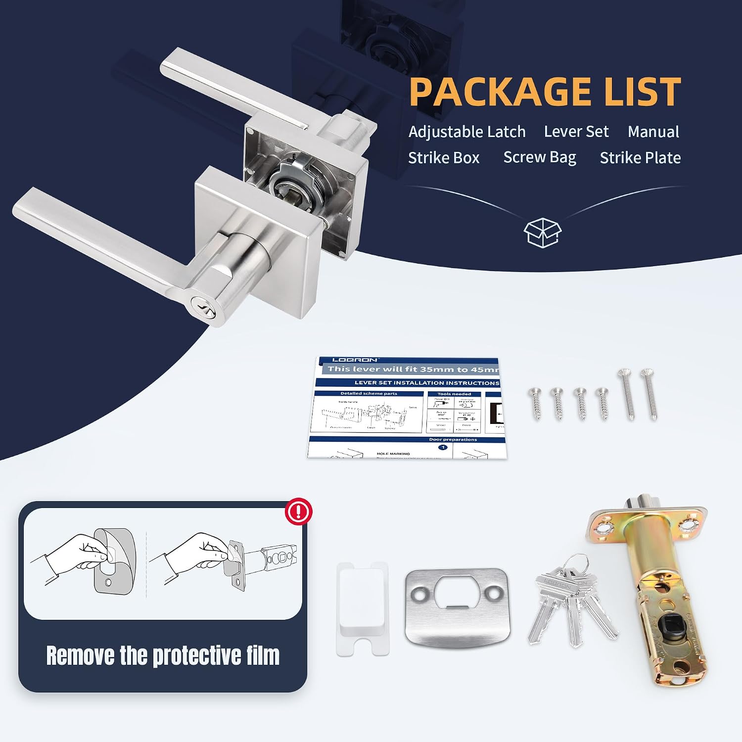 Keyed Entry Door Lever Square Heavy Duty Door Lock with Key Exterior Interior Door Handle Reversible for Bedroom Office or Front Door Door, Satin Nickel Finish