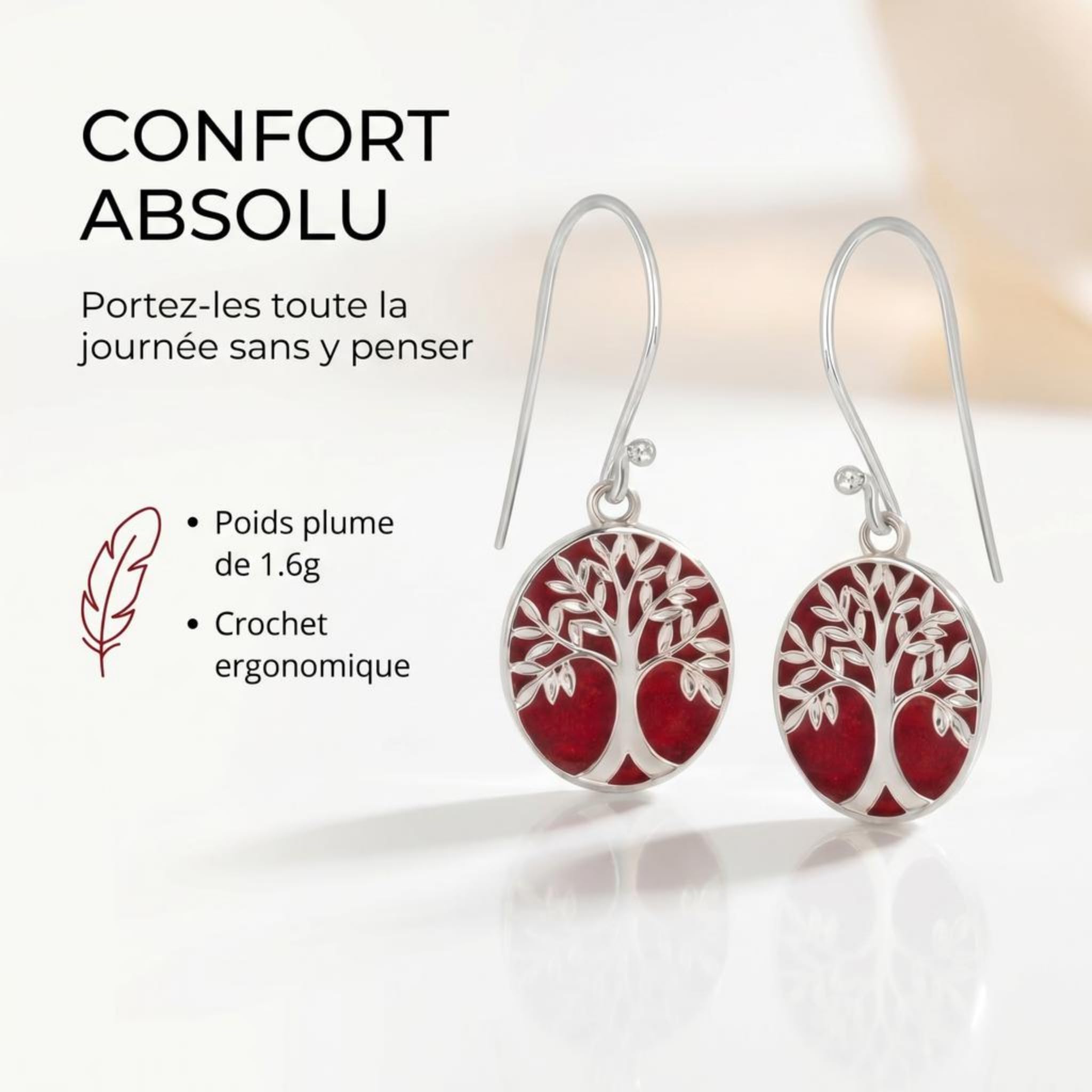 Aden Boucles Oreilles Argent 925 Corail Rouge Arbre Vie Ovale Crochet