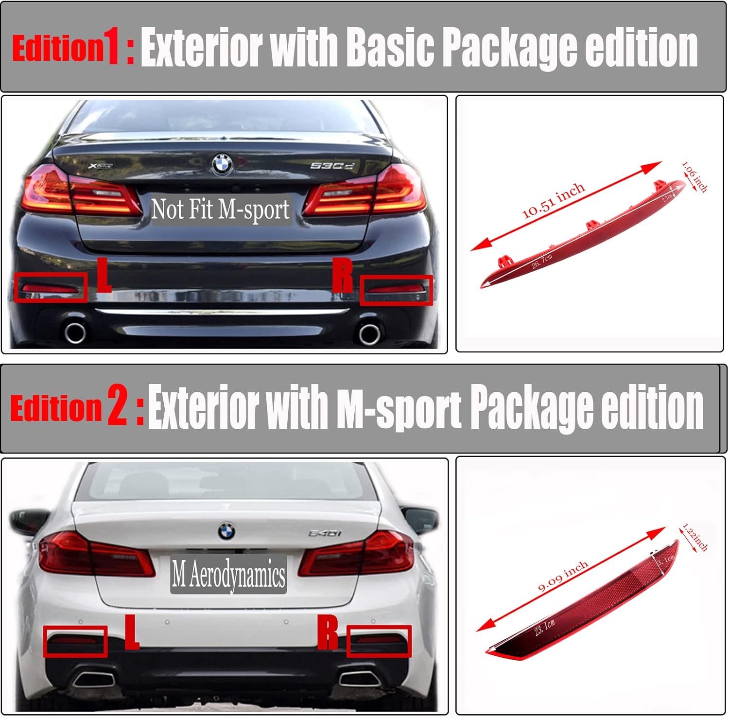 Rear Reflector for 17-20 BMW 5 Series M Aerodynamics G30 Sedan G31 Fit 518d 520i 530i 535i 540i 525d M550 2017 2018 2019 2020 Bumper Left Right Driver Side 63147851577 63147851578 (Pair)