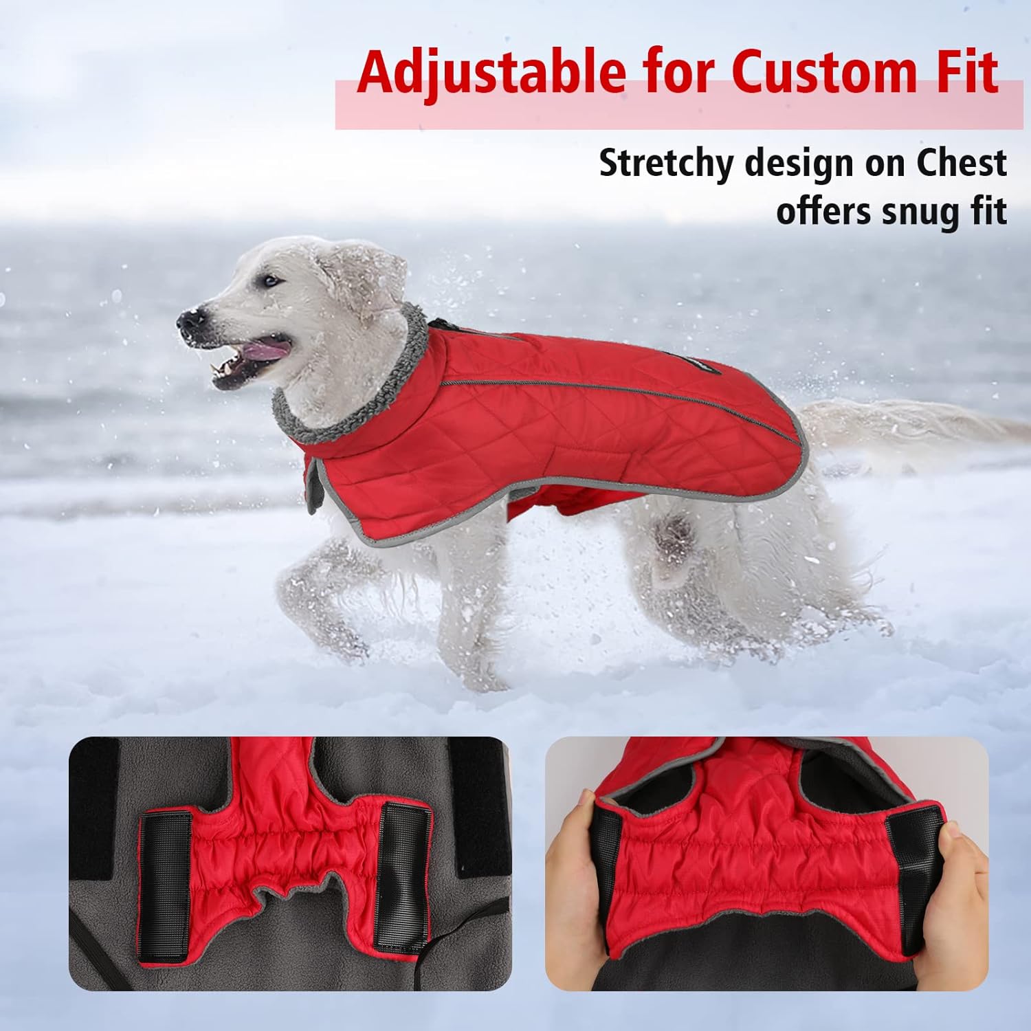Fragralley Dog Coat Large, Waterproof Dog Jacket with Warm Fleece Lining, Adjustable Reflective Dogs Winter Coat, Turtleneck Pet Coats for Cold Weather (Red,L)
