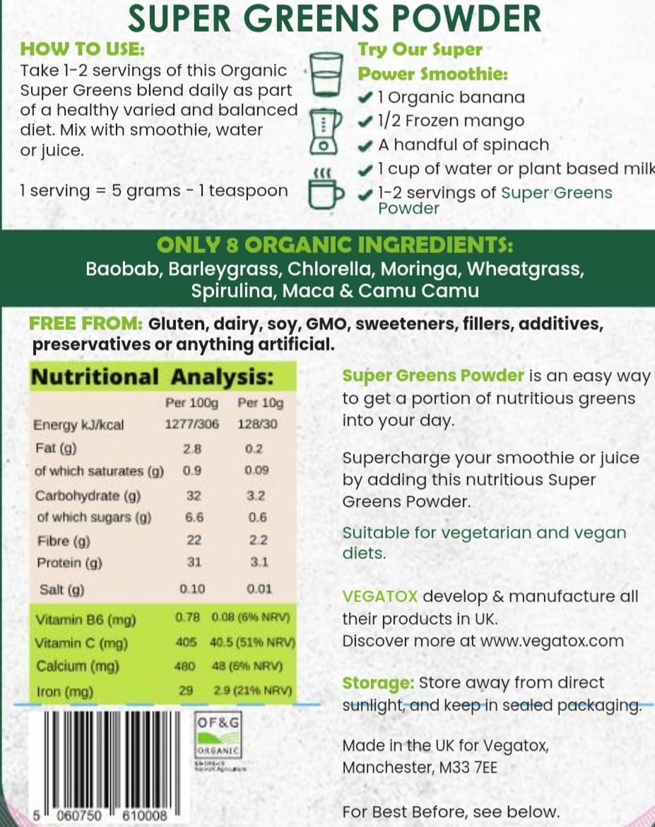 Vegatox Super Greens Powder 250g | Ultimate Immune Support | Green Powder Superfood for Immunity, Energy and Detox | Vegan, 100% Natural & Alkaline | 50 Servings