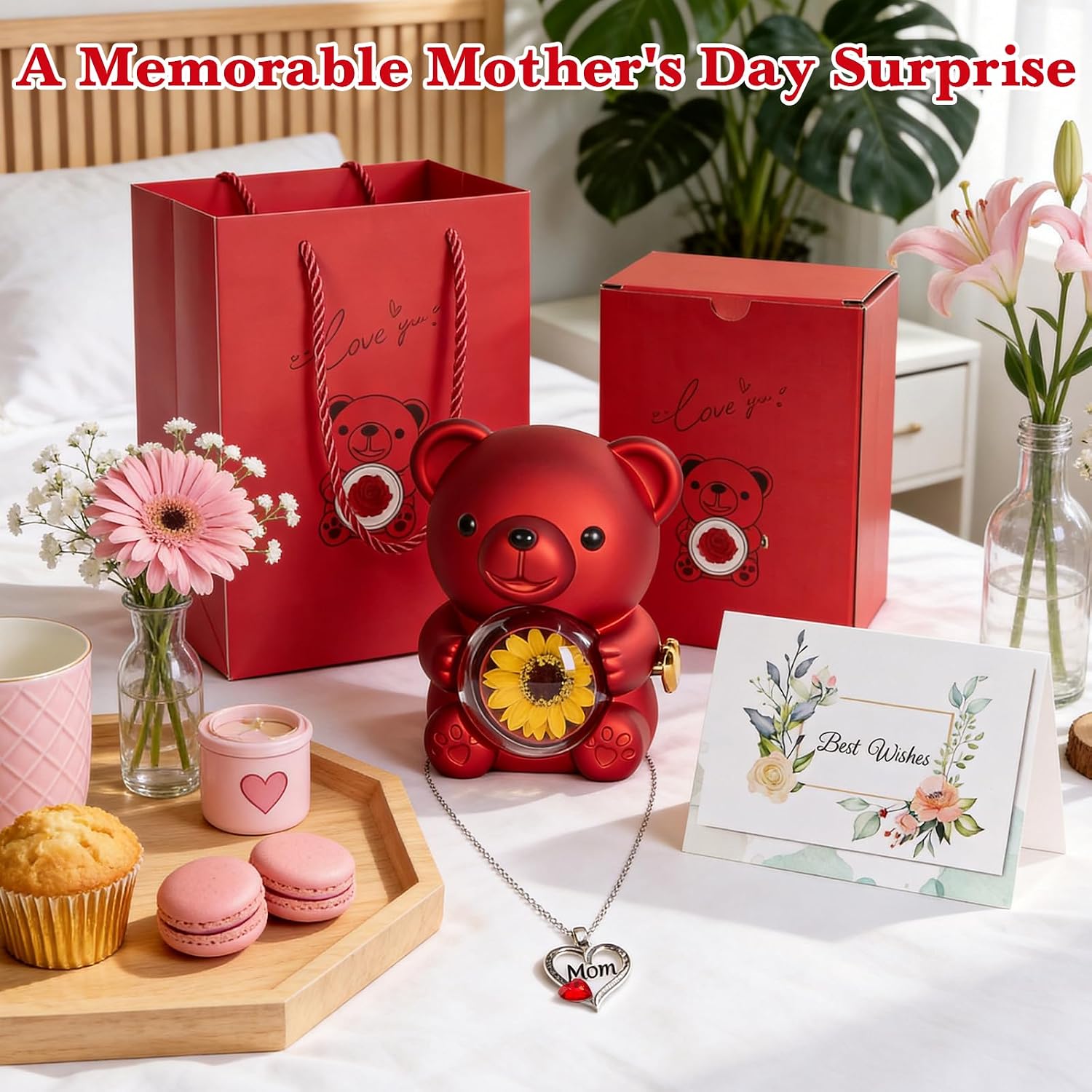 Preserved Sunflower with Mom Heart Necklace for Mother Day, Hideable Jewelry Display Box with Necklace, Reversible Mother's Day Surprise Gift Box for Mom or Mother-Law