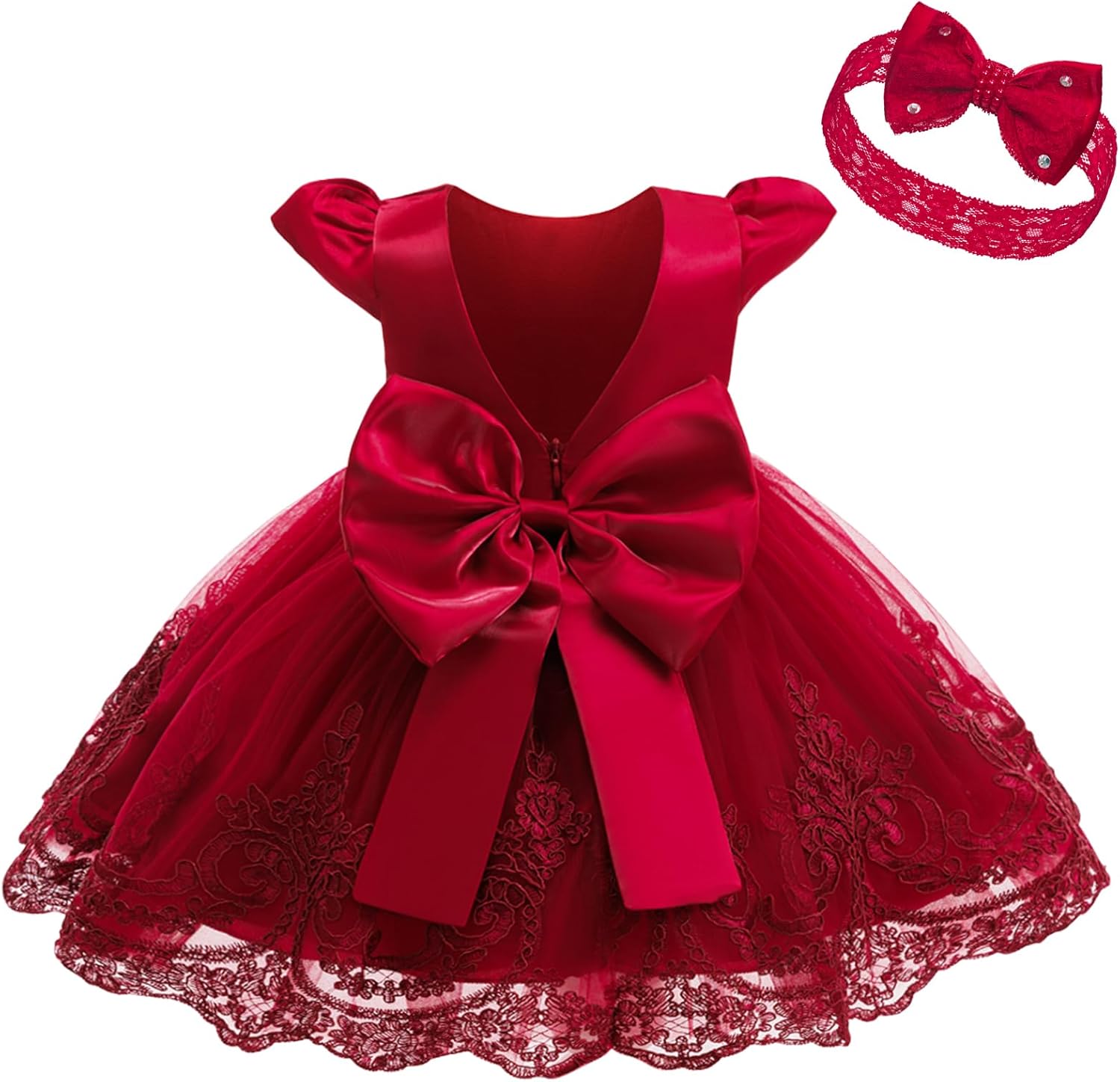 0M-24M Toddler Baby Girls Dresses Pageant Wedding Flower Girls Dress Formal Gowns Embroidered Lace Dress+Headwear