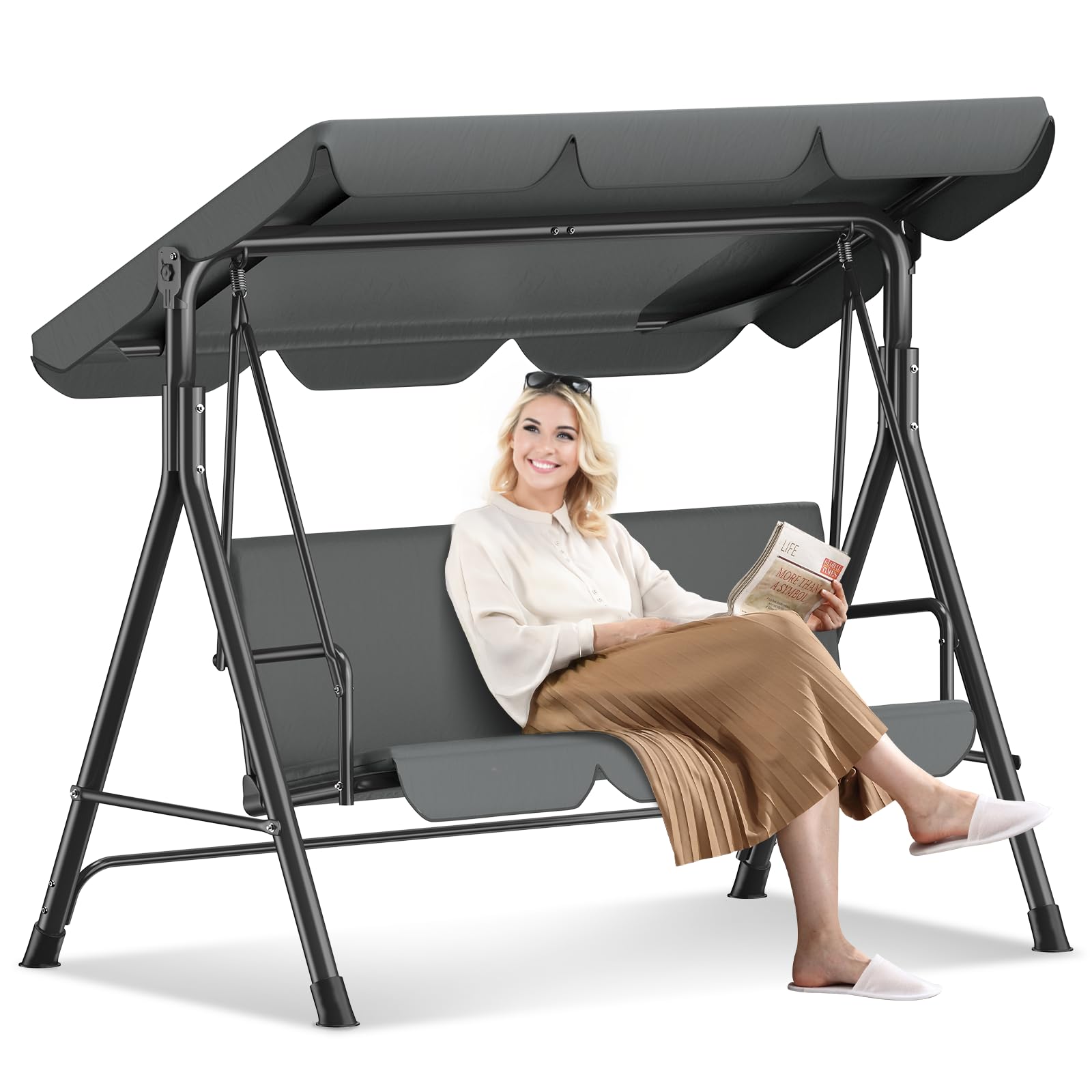 Balancelle Jardin 3 Places,Chaise à Bascule avec Toit Pare-Soleil et Coussin Amovible,Chaise de Jardin,Structure Métallique Stable,Charge 270 kg,Banc à Bascule pour Extérieur,175x110x152cm,Anthracite