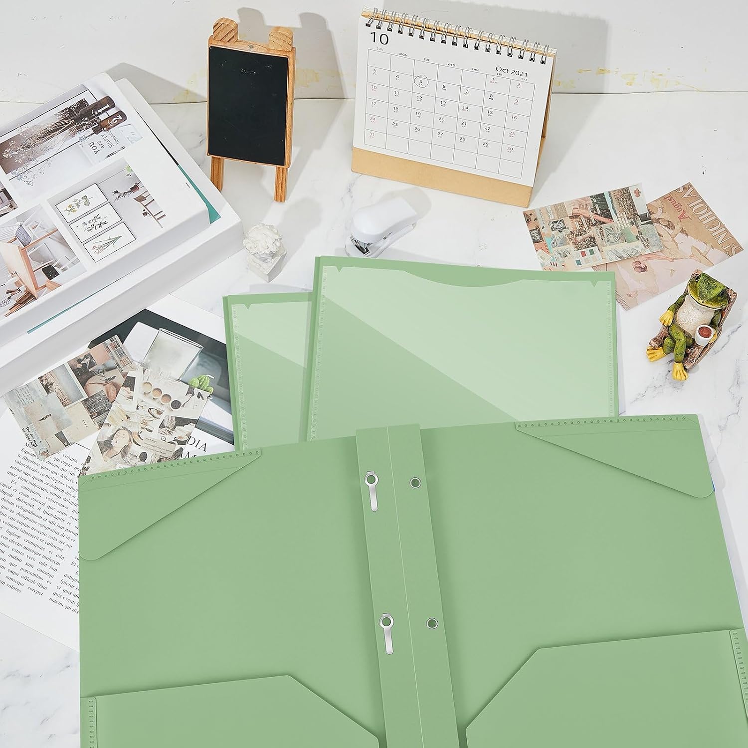 Henoyso 48 Pcs Plastic Folder with Clear Front Pocket and 3 Prongs Heavy Duty Plastic Folders with Card Slot Pocket Folders with Prongs for School Office Home(Sage Green)