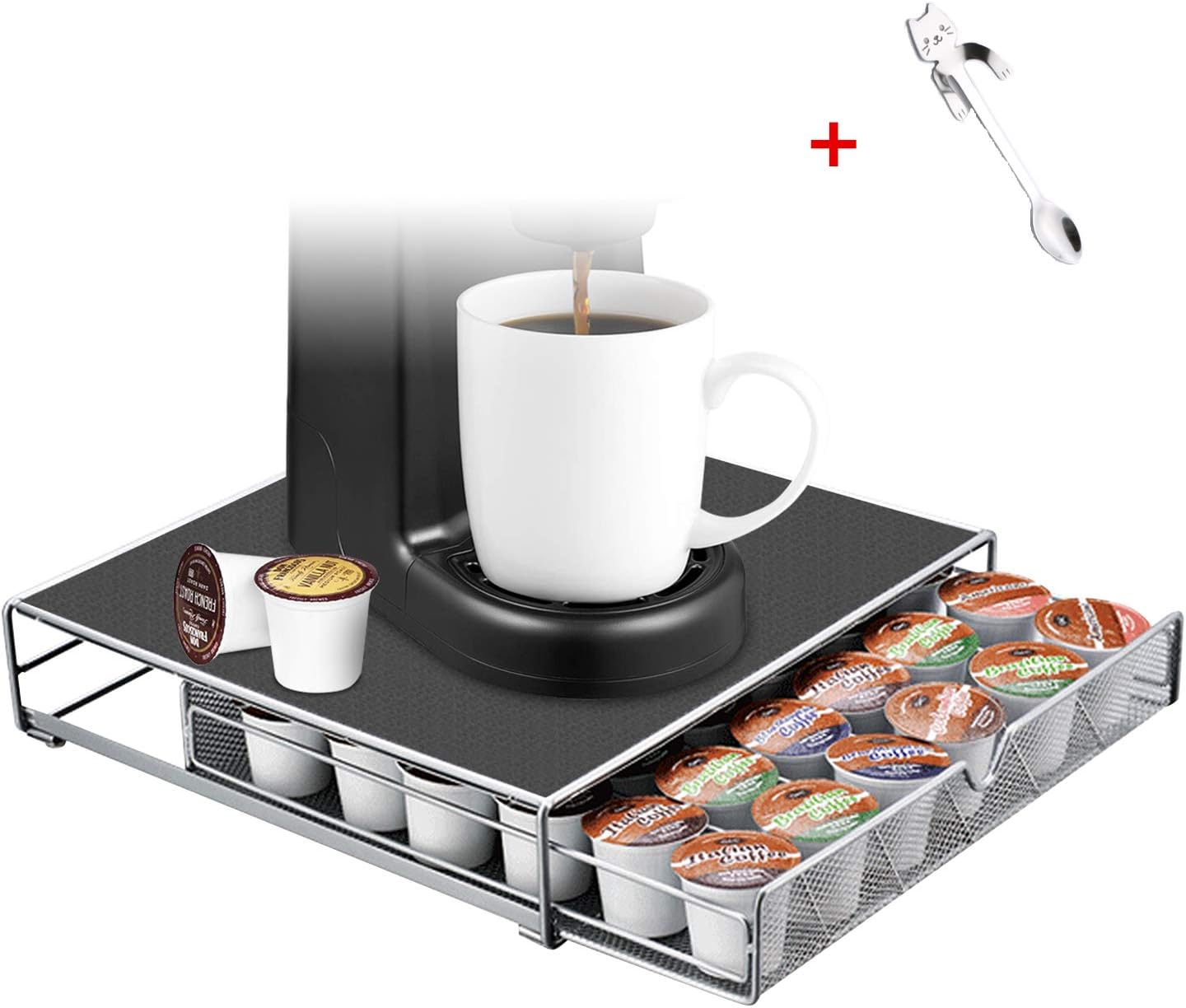 FITNATE Coffee Drawer for Coffee Storage Organizer with a Rack Mat for most Coffee Pods or Tea and Coffee Makers,13.2x12.6x3 inches