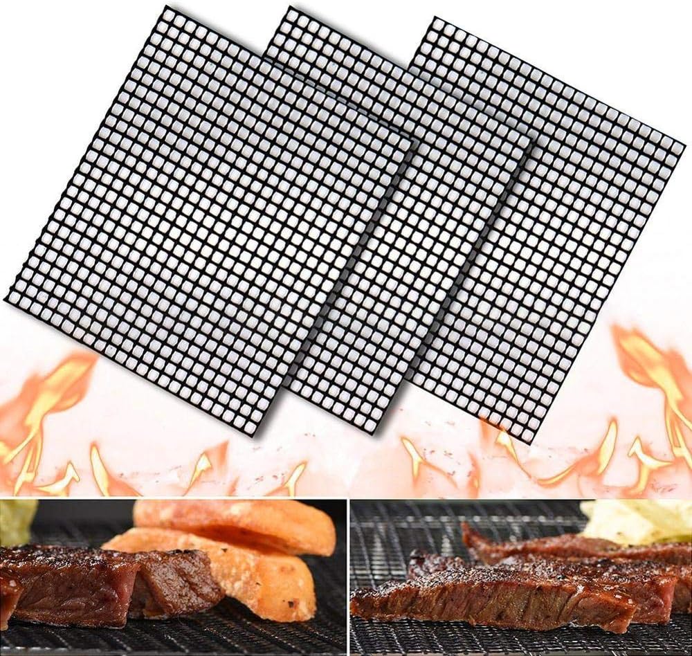 Non-Stick BBQ Grill Mats Set of 3, Reusable Barbecue Grill Mesh Mat, Heavy Duty 17" x 13" Heat Resistant Pad, Easy to Clean Grilling & Baking Accessories, Uses on Smoker, Pellet, Gas, Charcoal Grill